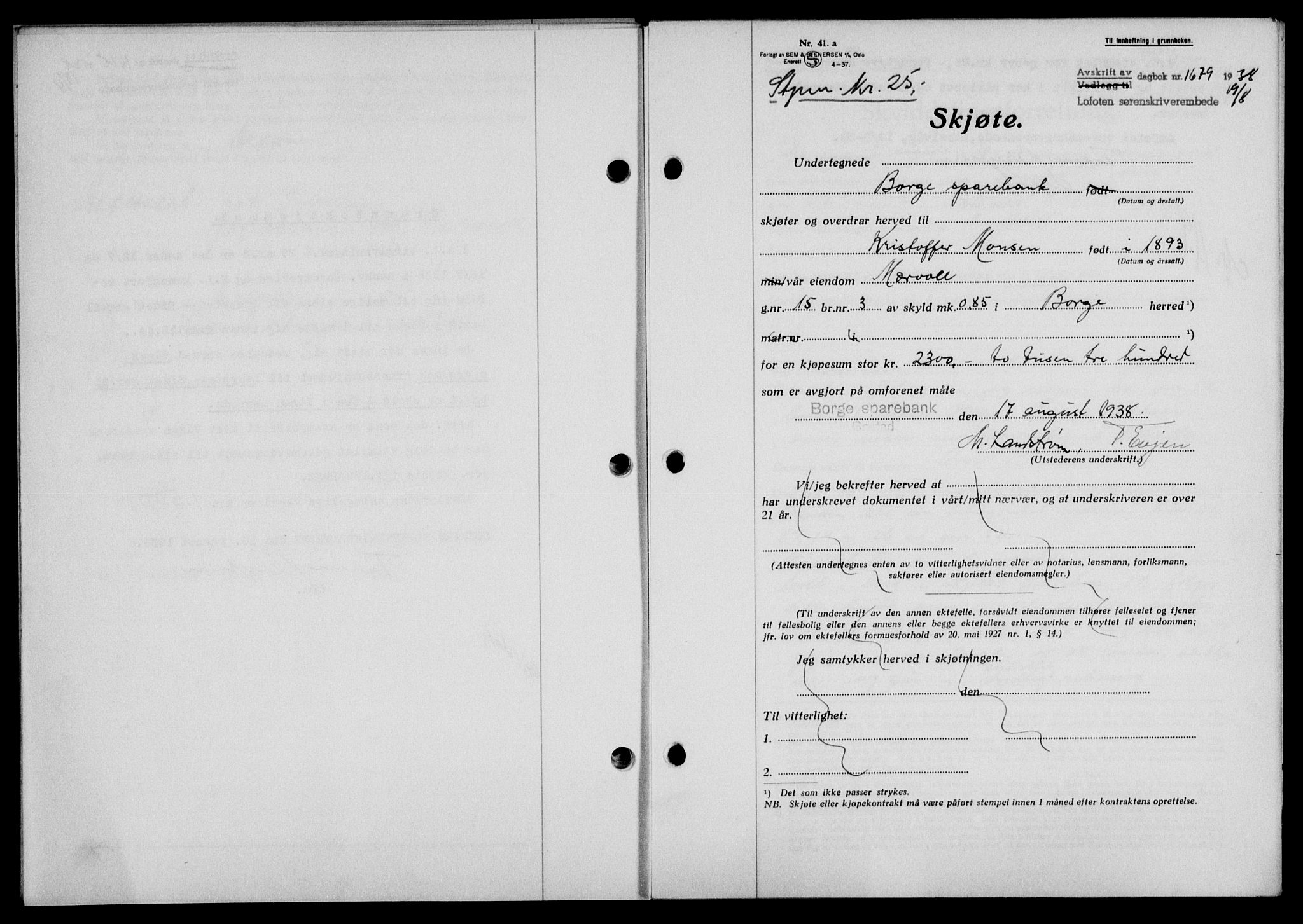 Lofoten sorenskriveri, SAT/A-0017/1/2/2C/L0004a: Mortgage book no. 4a, 1938-1938, Diary no: : 1679/1938