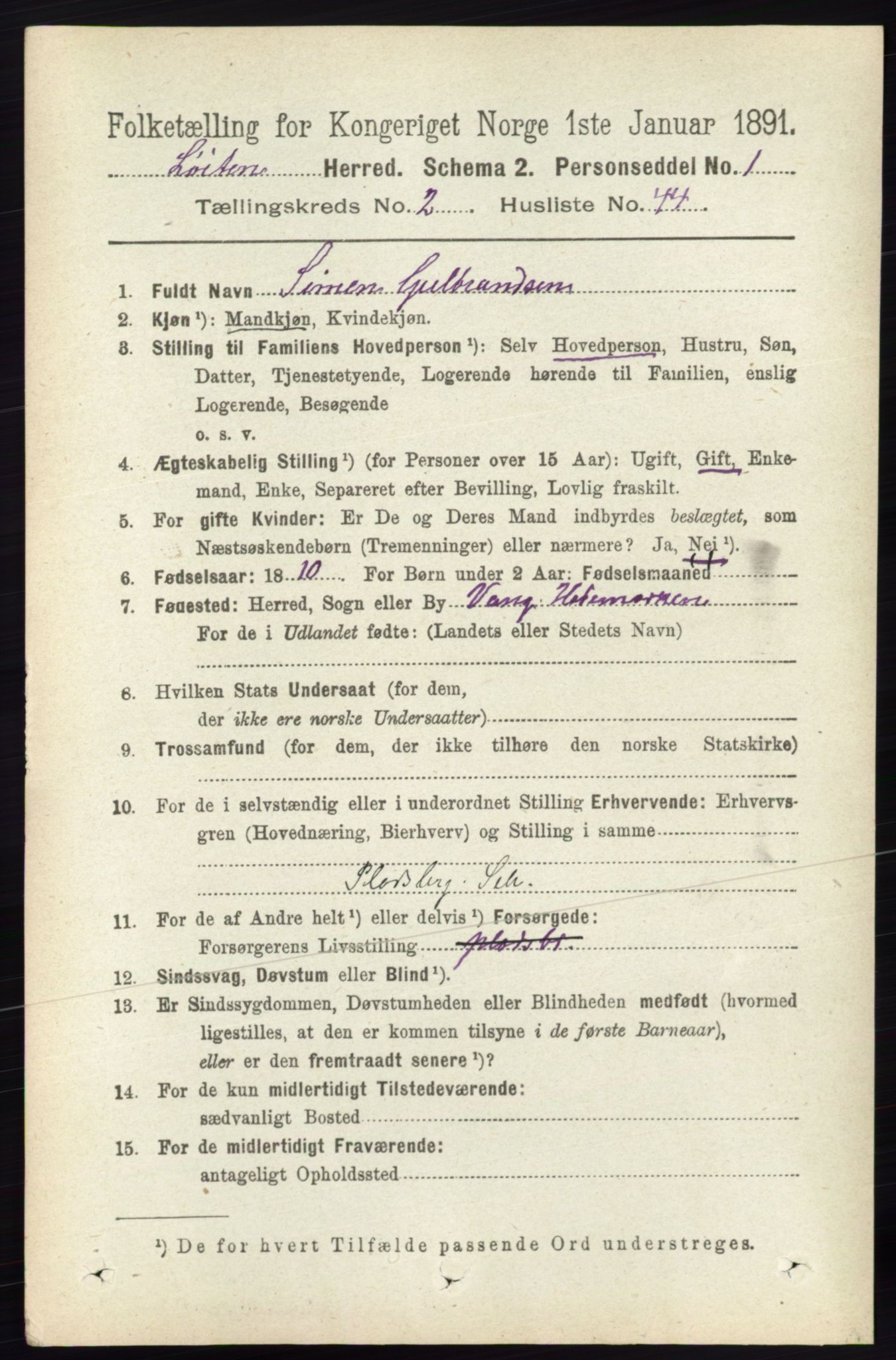 RA, 1891 census for 0415 Løten, 1891, p. 1698