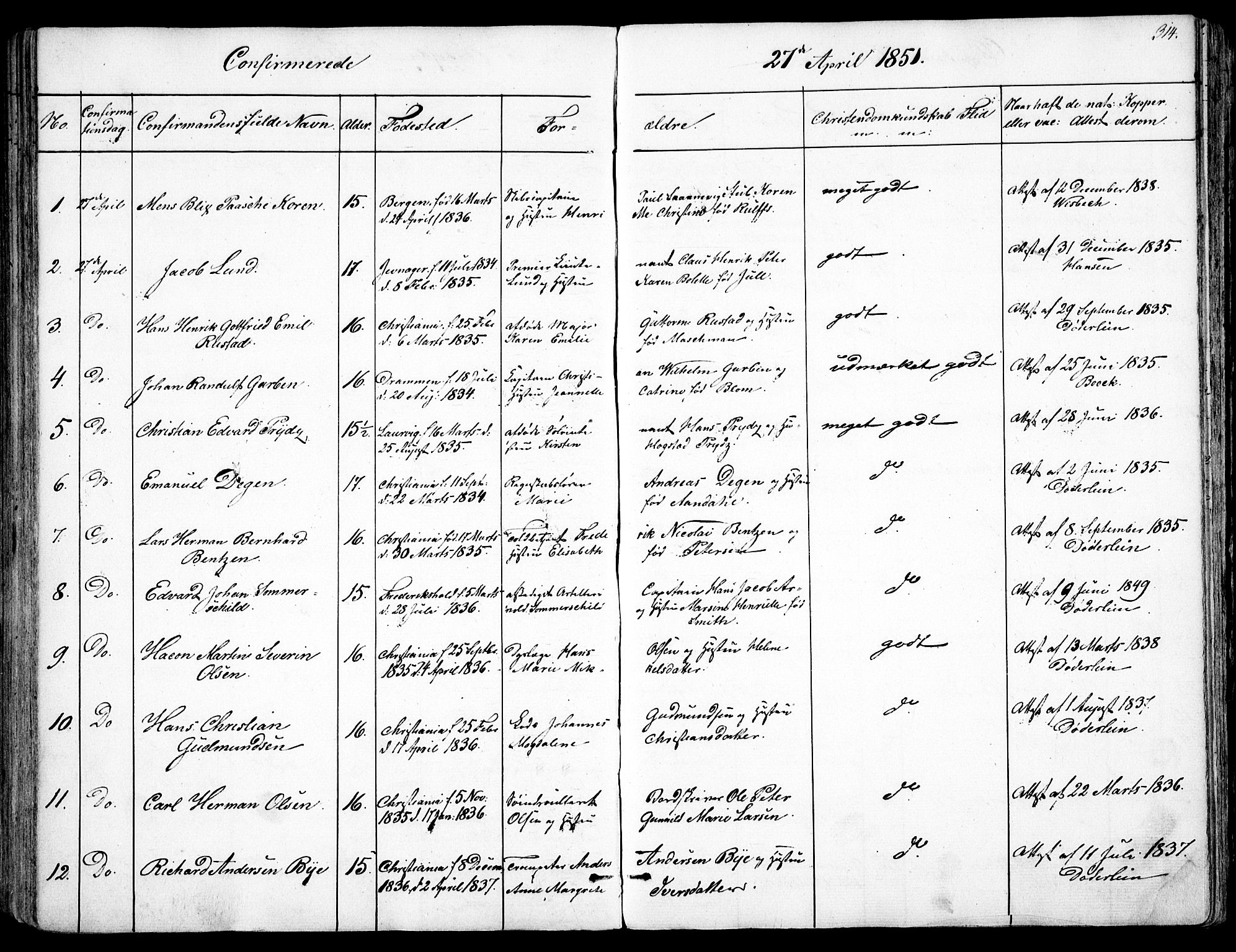 Garnisonsmenigheten Kirkebøker, SAO/A-10846/F/Fa/L0008: Parish register (official) no. 8, 1842-1859, p. 314