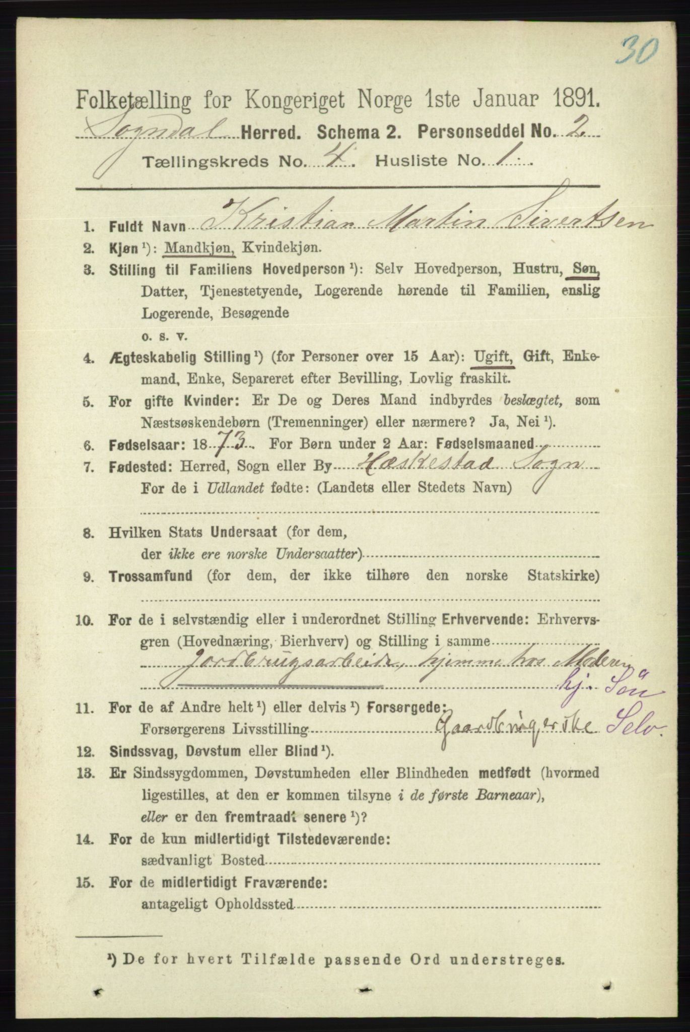 RA, 1891 census for 1111 Sokndal, 1891, p. 1004