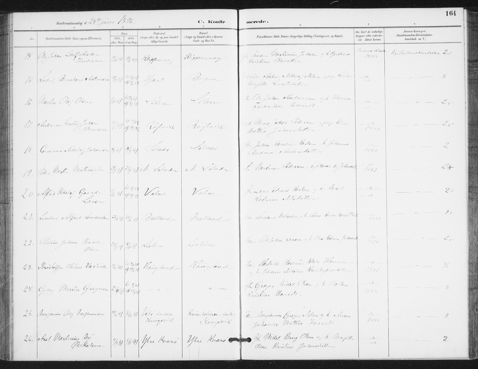 Ministerialprotokoller, klokkerbøker og fødselsregistre - Nordland, AV/SAT-A-1459/839/L0573: Parish register (copy) no. 839C03, 1892-1917, p. 164