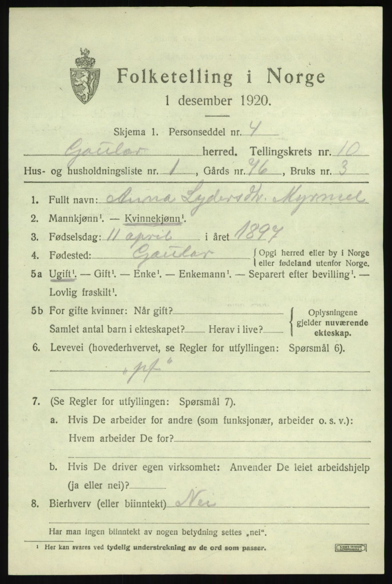 SAB, 1920 census for Gaular, 1920, p. 4782