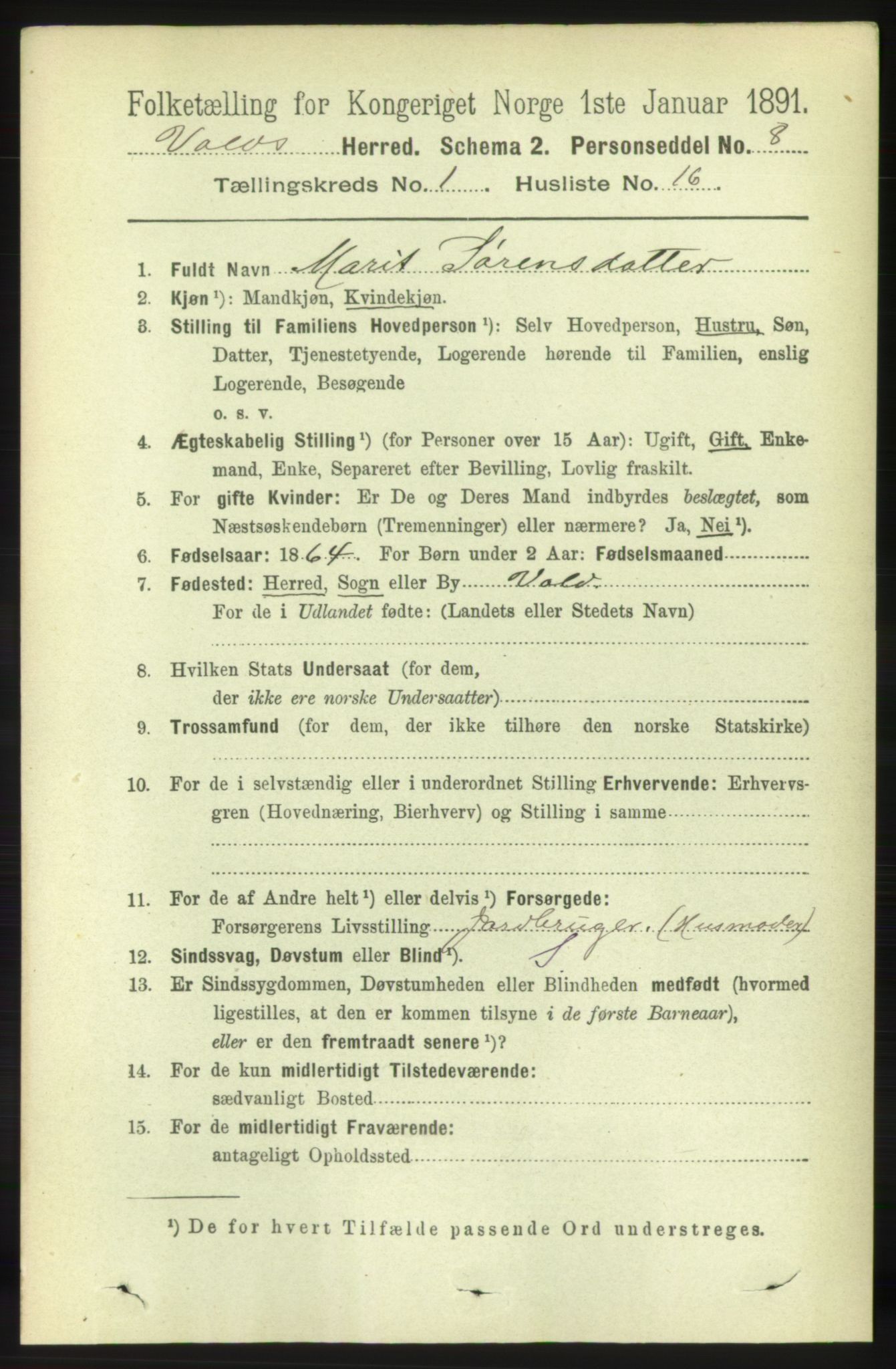 RA, 1891 census for 1537 Voll, 1891, p. 195