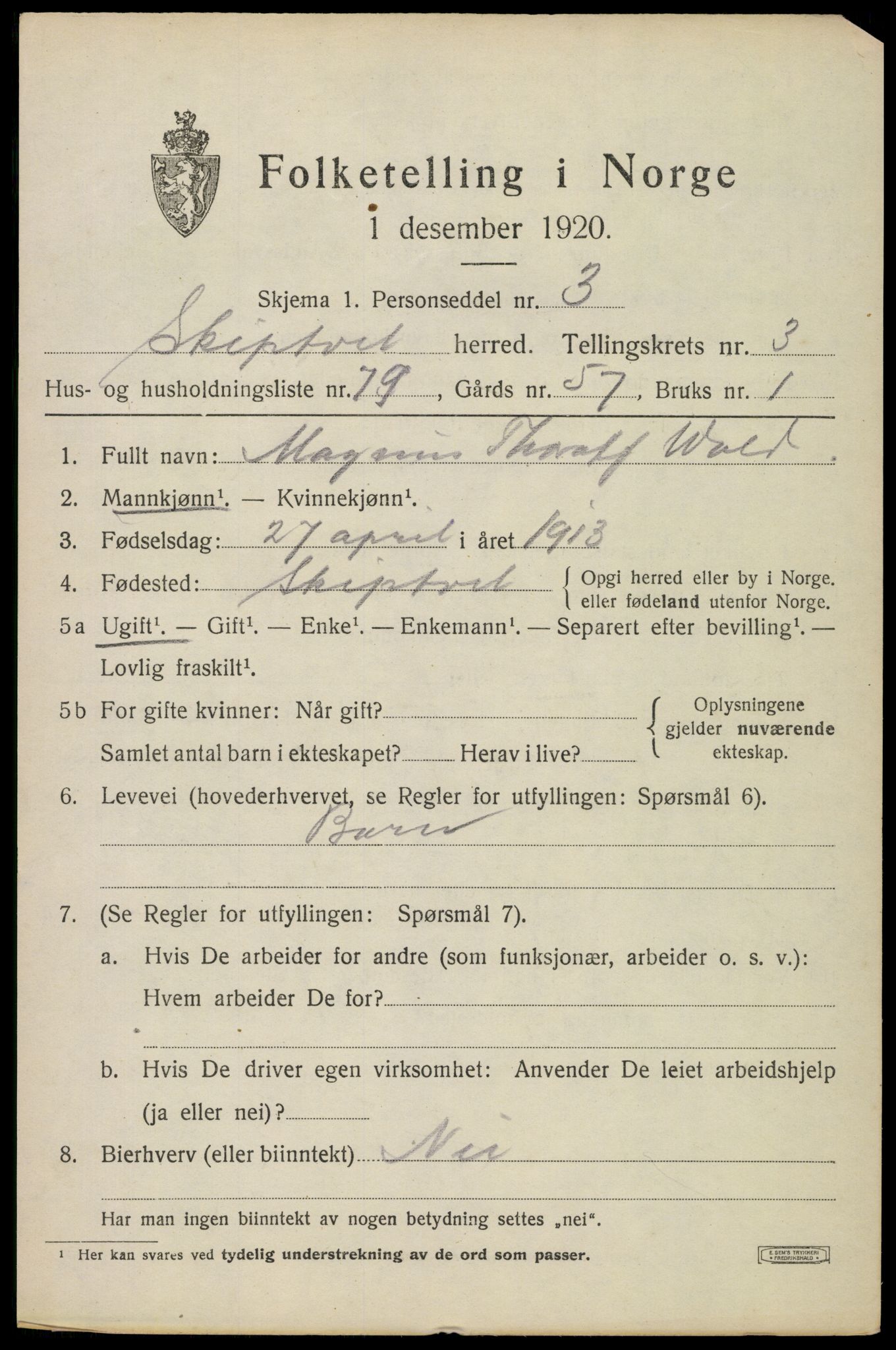 SAO, 1920 census for Skiptvet, 1920, p. 3829