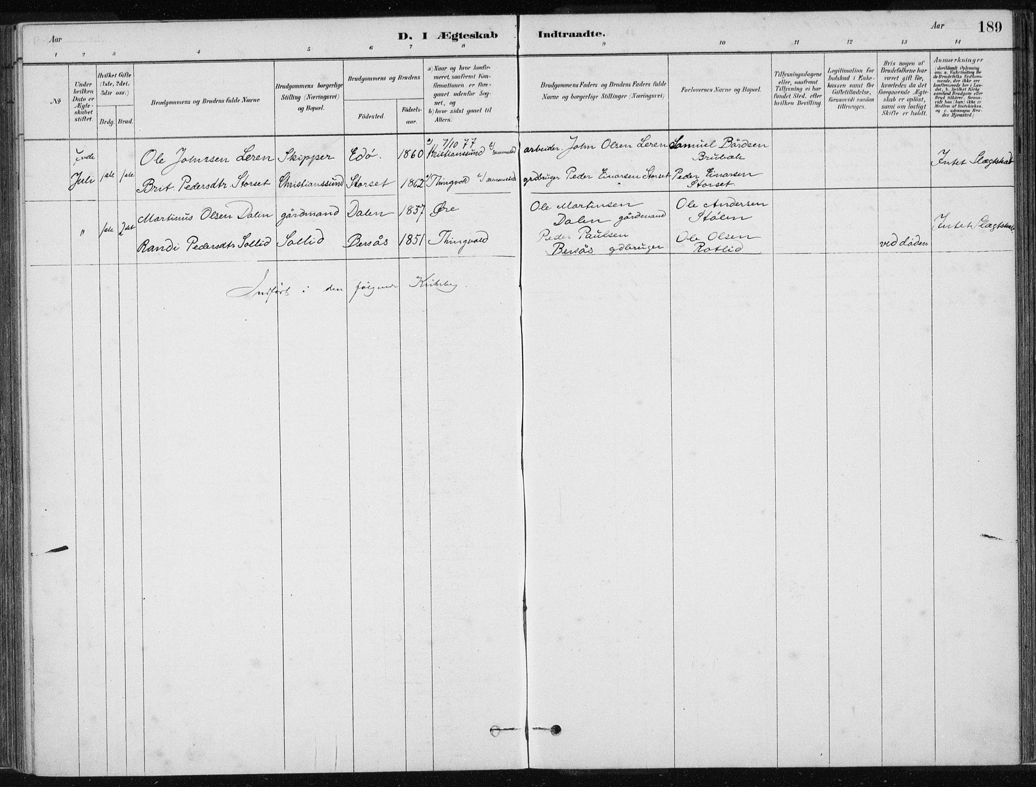 Ministerialprotokoller, klokkerbøker og fødselsregistre - Møre og Romsdal, AV/SAT-A-1454/586/L0987: Parish register (official) no. 586A13, 1879-1892, p. 189