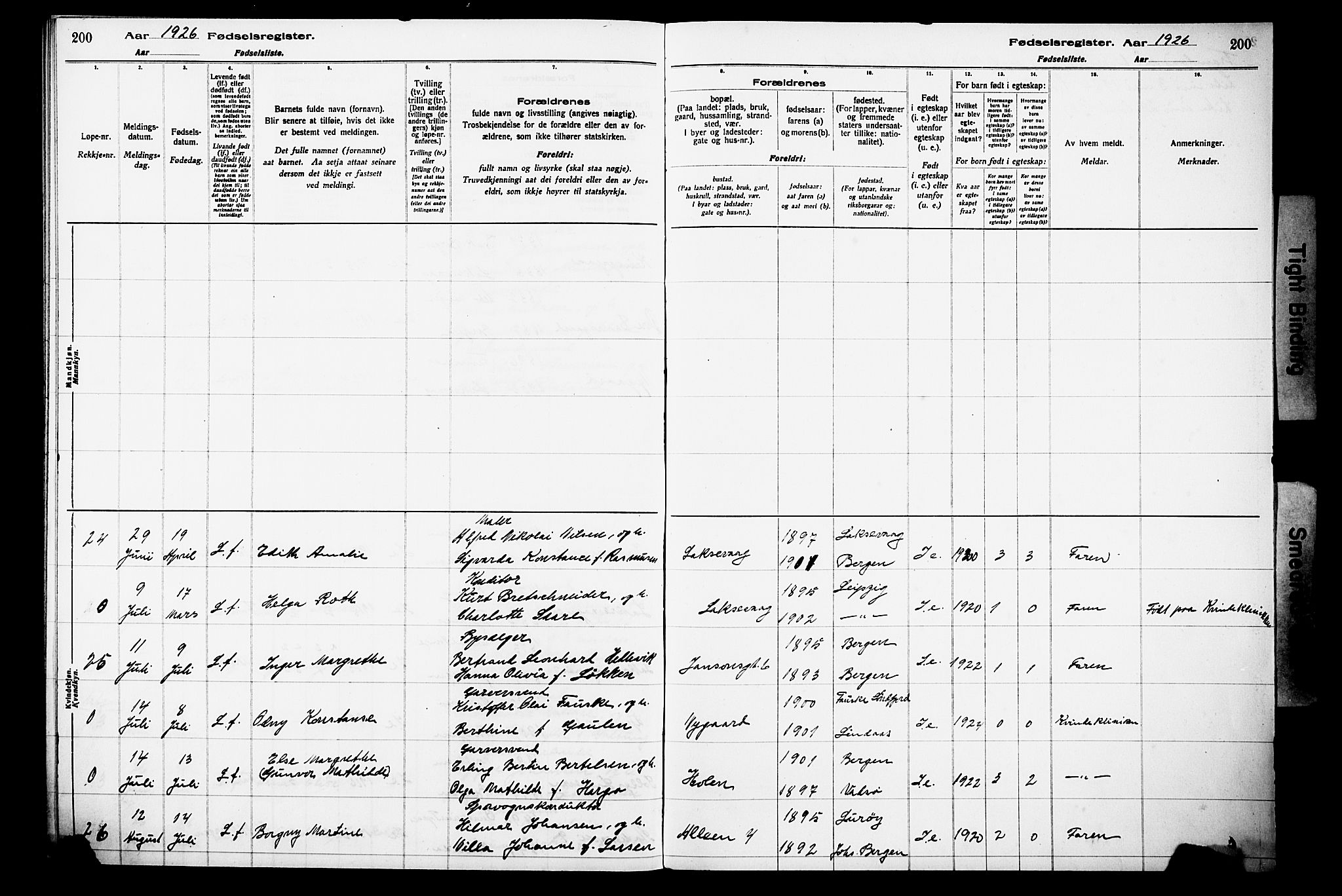 Laksevåg Sokneprestembete, AV/SAB-A-76501/I/Id/L00A1: Birth register no. A 1, 1916-1926, p. 200