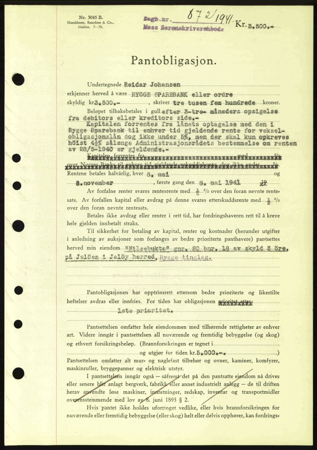 Moss sorenskriveri, SAO/A-10168: Mortgage book no. B10, 1940-1941, Diary no: : 872/1941