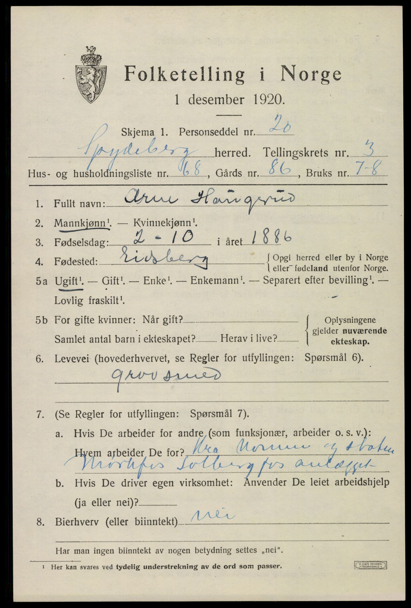 SAO, 1920 census for Spydeberg, 1920, p. 5123