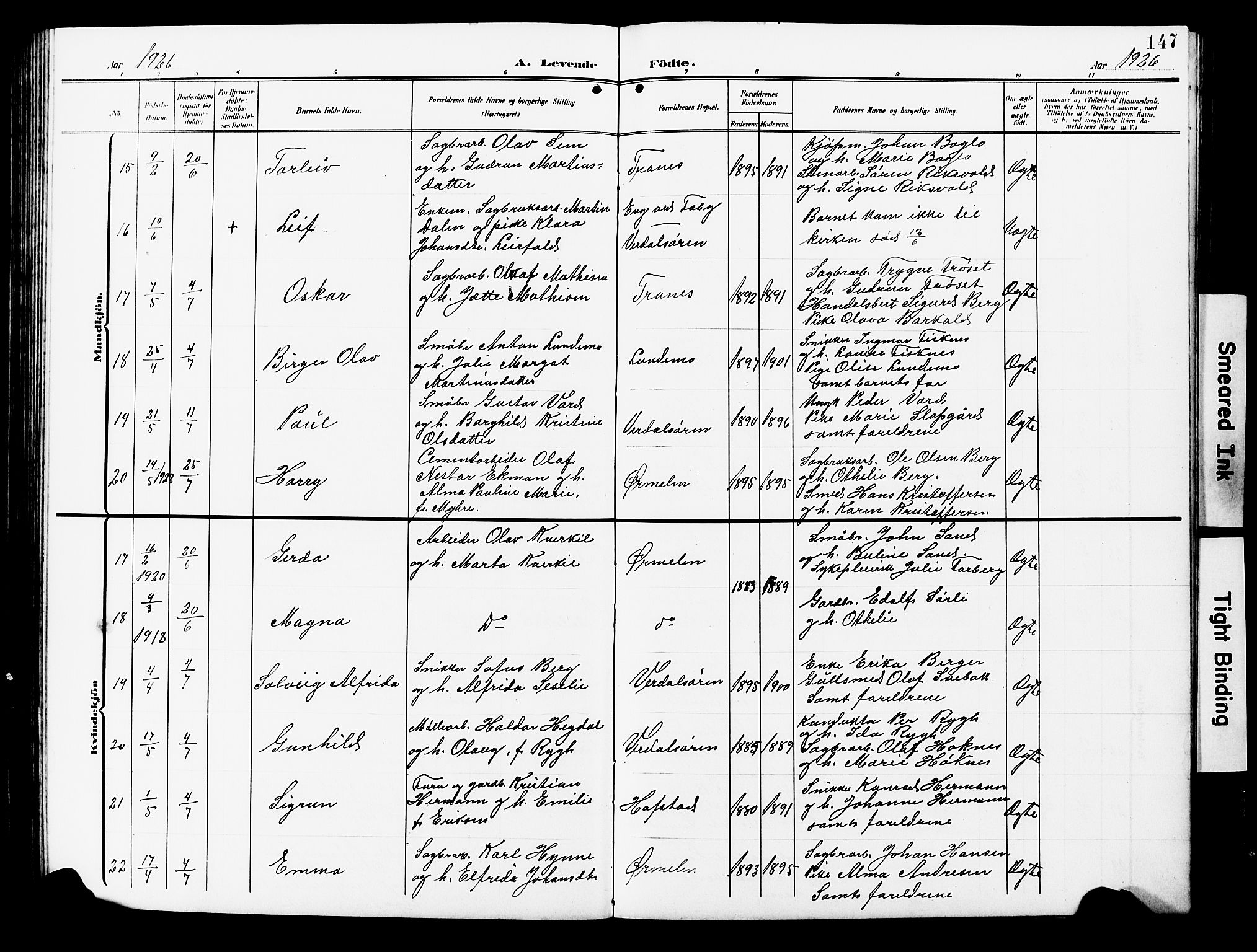 Ministerialprotokoller, klokkerbøker og fødselsregistre - Nord-Trøndelag, AV/SAT-A-1458/723/L0258: Parish register (copy) no. 723C06, 1908-1927, p. 147