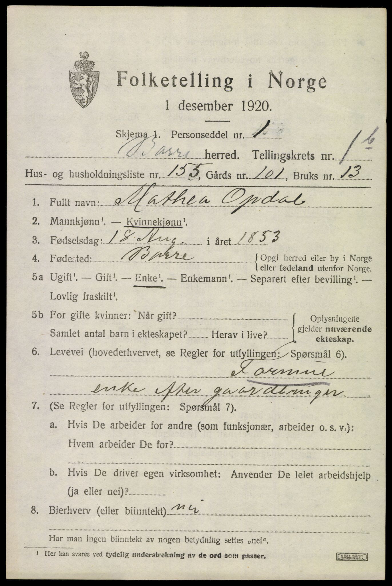 SAKO, 1920 census for Borre, 1920, p. 4182