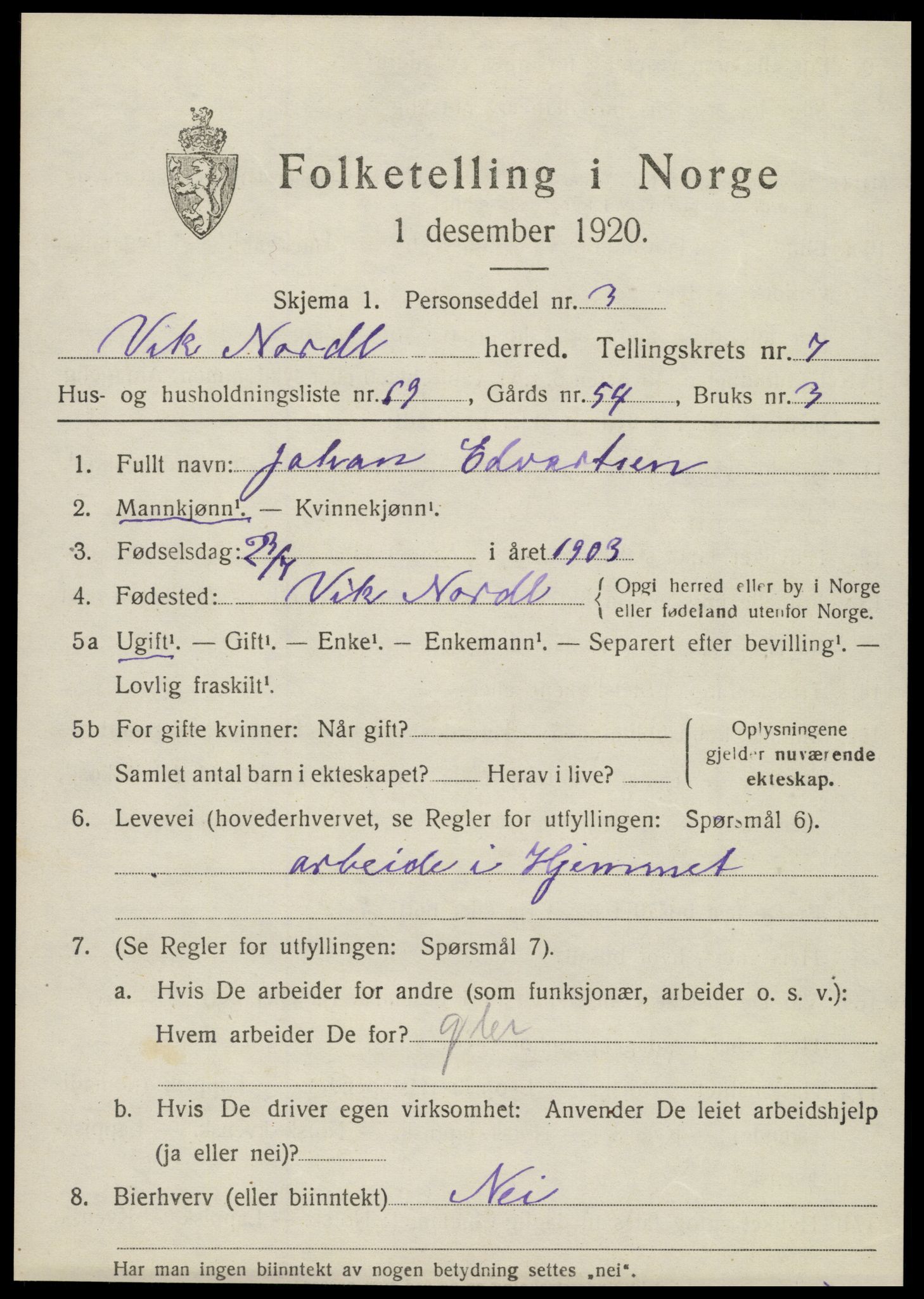 SAT, 1920 census for Vik, 1920, p. 5233