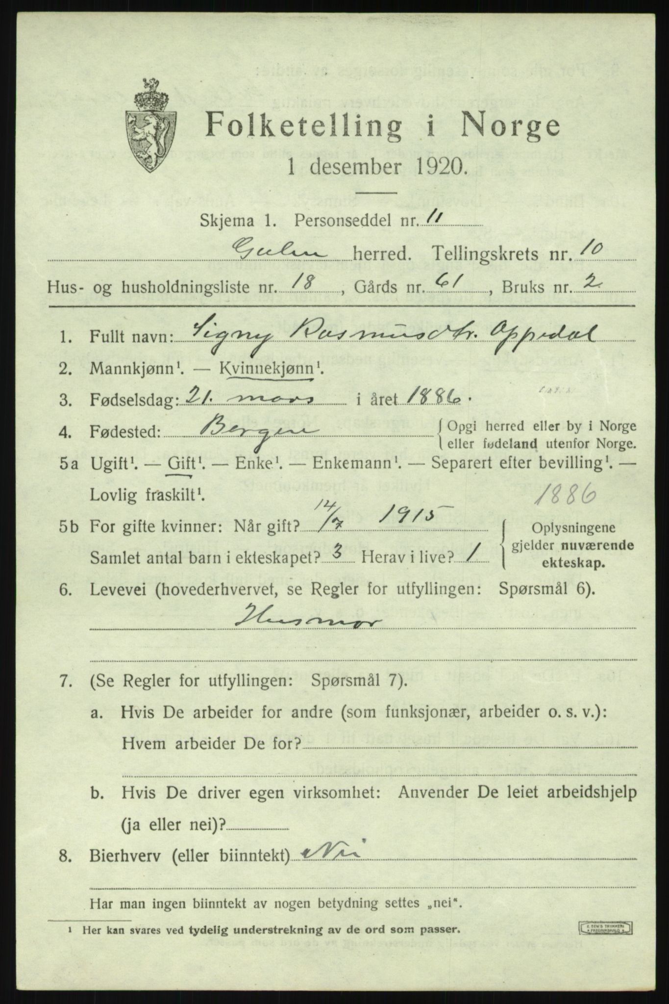 SAB, 1920 census for Gulen, 1920, p. 4783