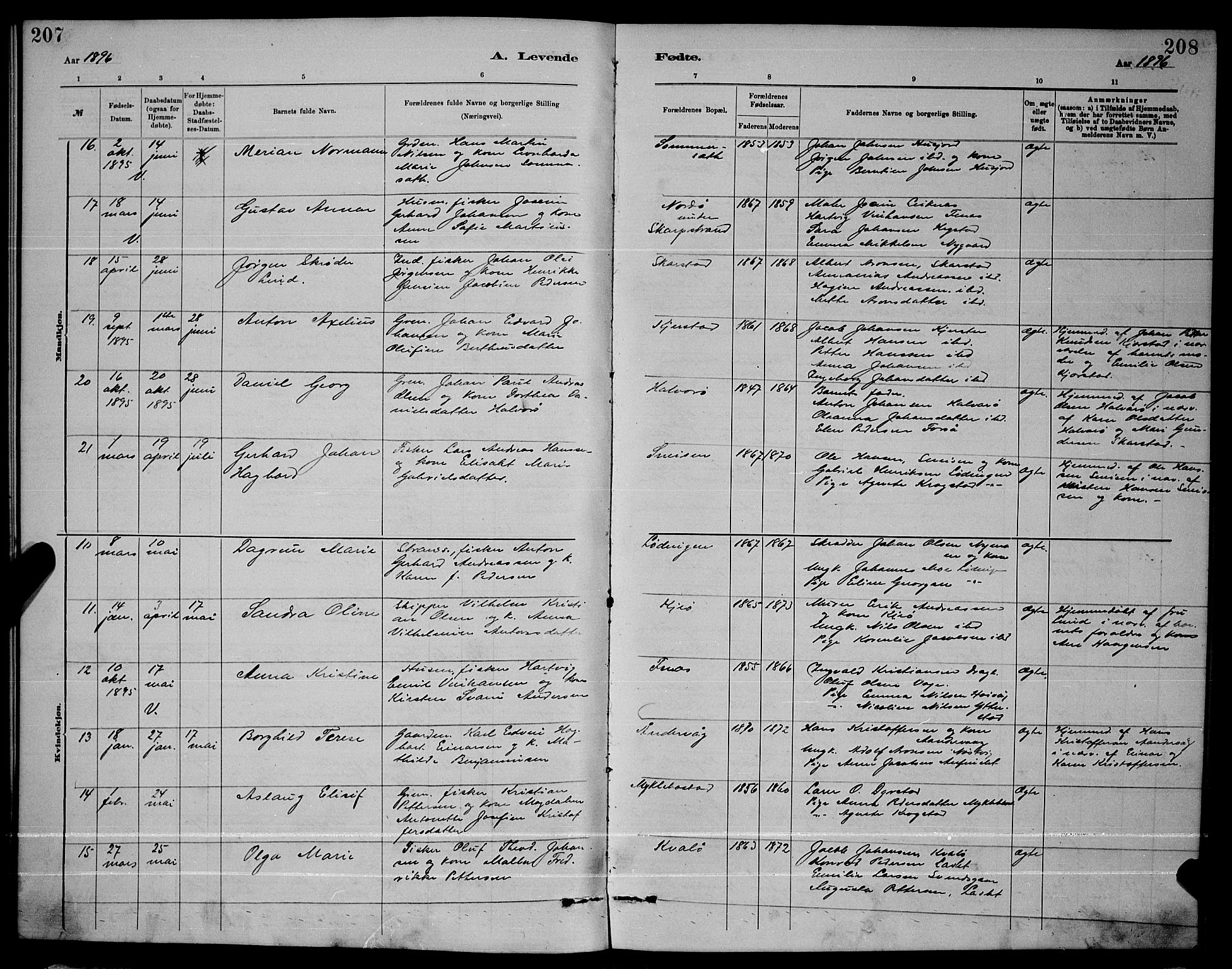 Ministerialprotokoller, klokkerbøker og fødselsregistre - Nordland, AV/SAT-A-1459/872/L1047: Parish register (copy) no. 872C03, 1880-1897, p. 207-208