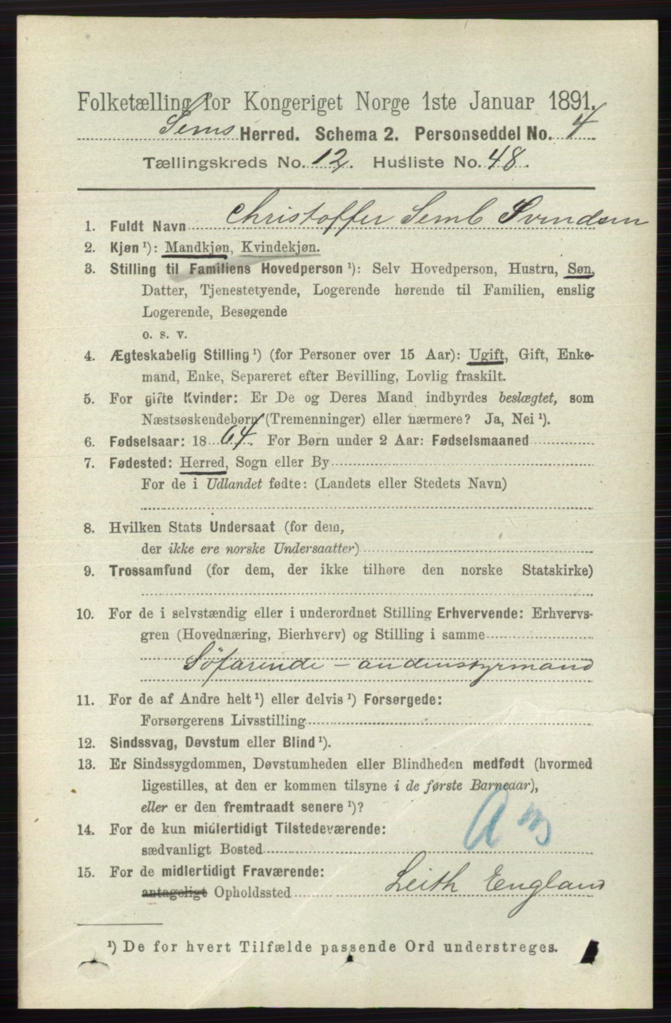 RA, 1891 census for 0721 Sem, 1891, p. 6086