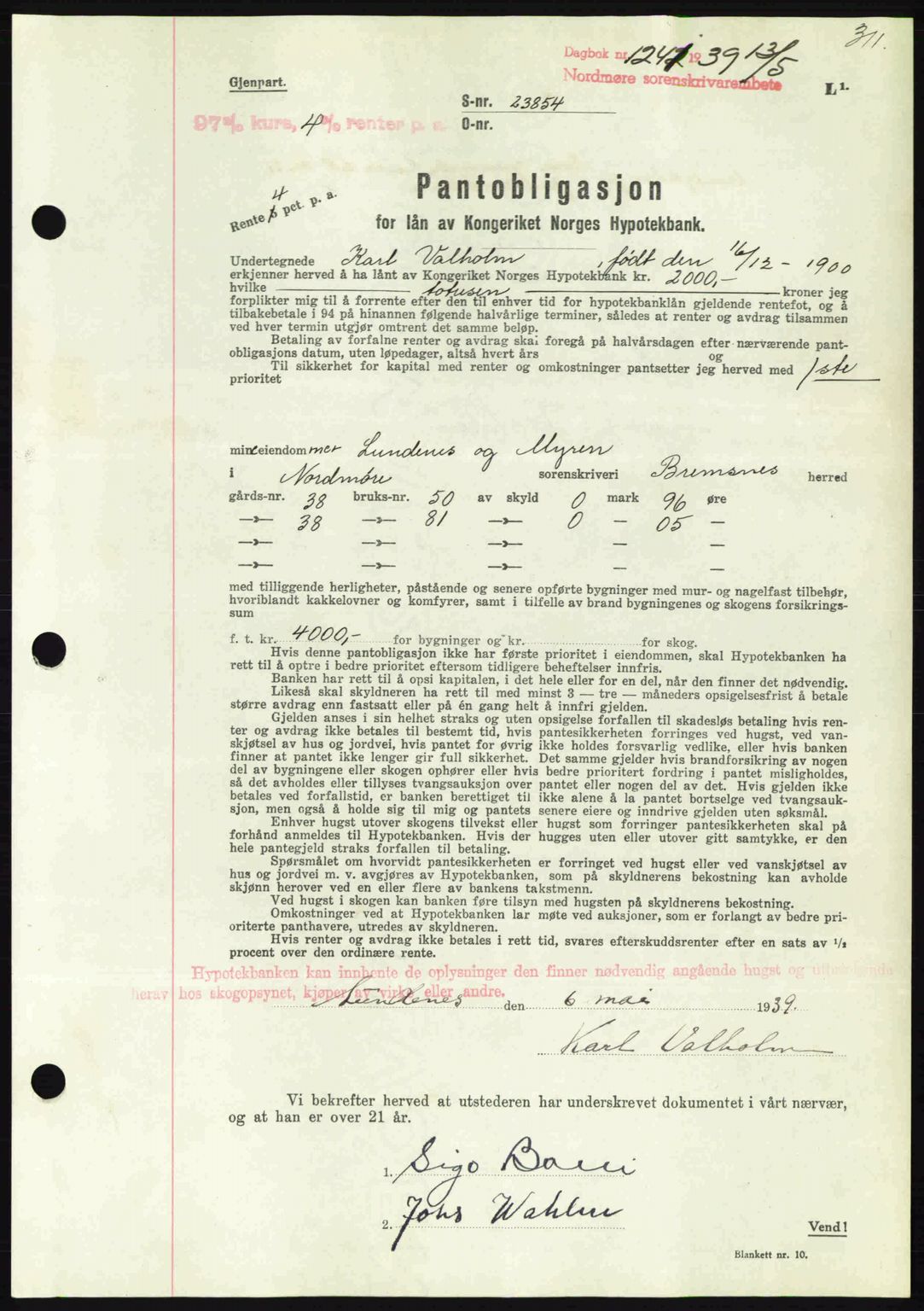 Nordmøre sorenskriveri, AV/SAT-A-4132/1/2/2Ca: Mortgage book no. B85, 1939-1939, Diary no: : 1241/1939