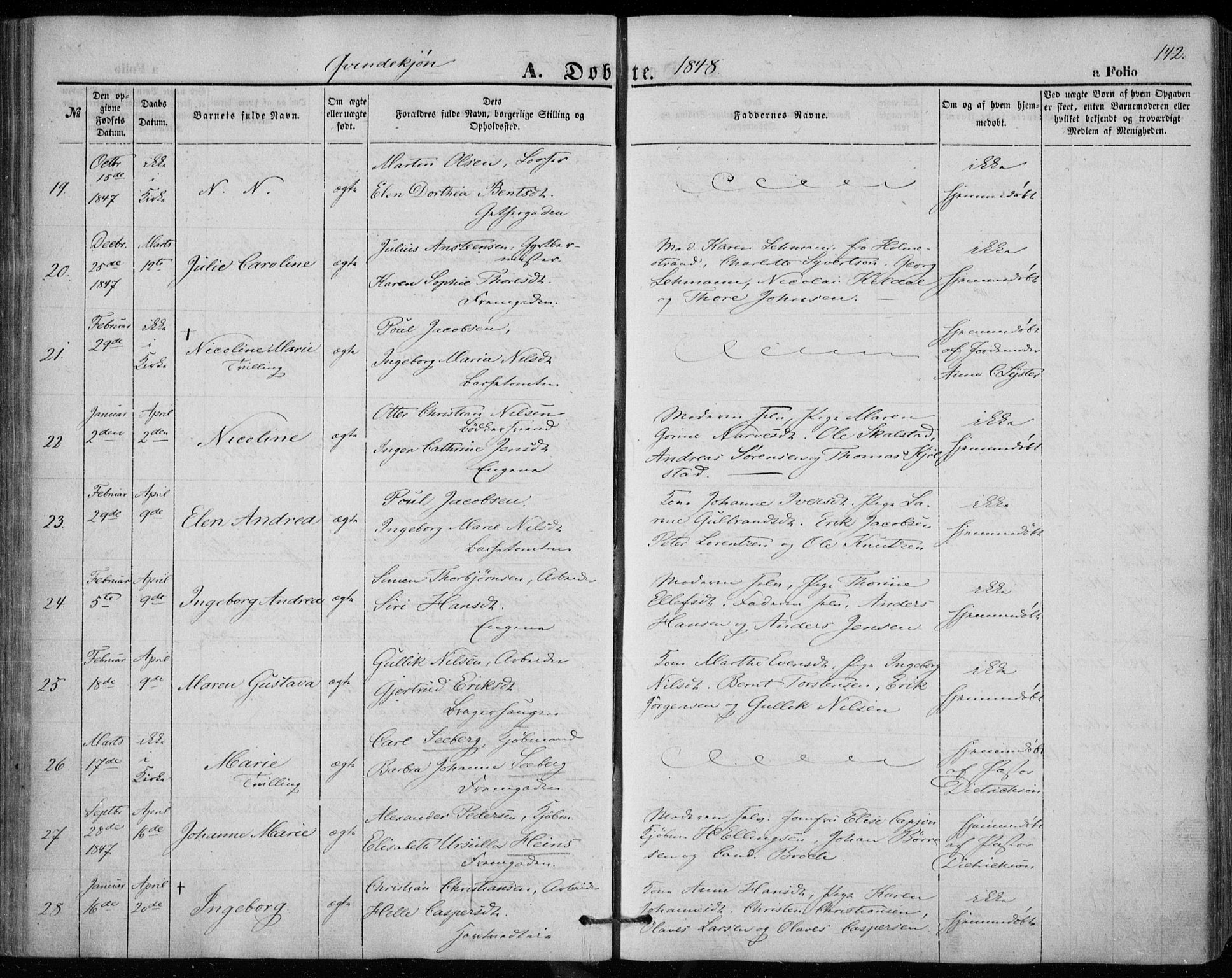 Bragernes kirkebøker, AV/SAKO-A-6/F/Fb/L0002: Parish register (official) no. II 2, 1848-1859, p. 142