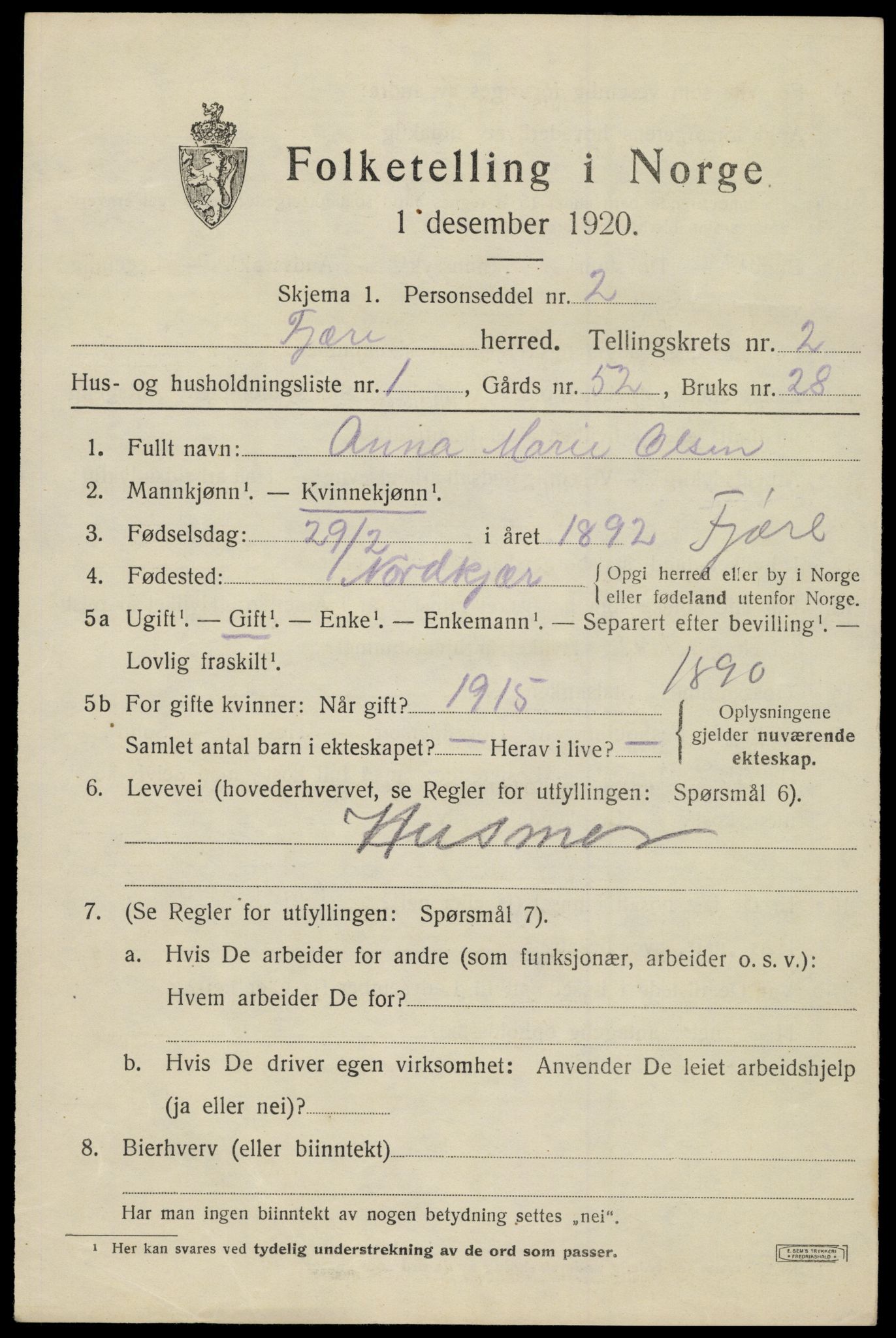 SAK, 1920 census for Fjære, 1920, p. 3257