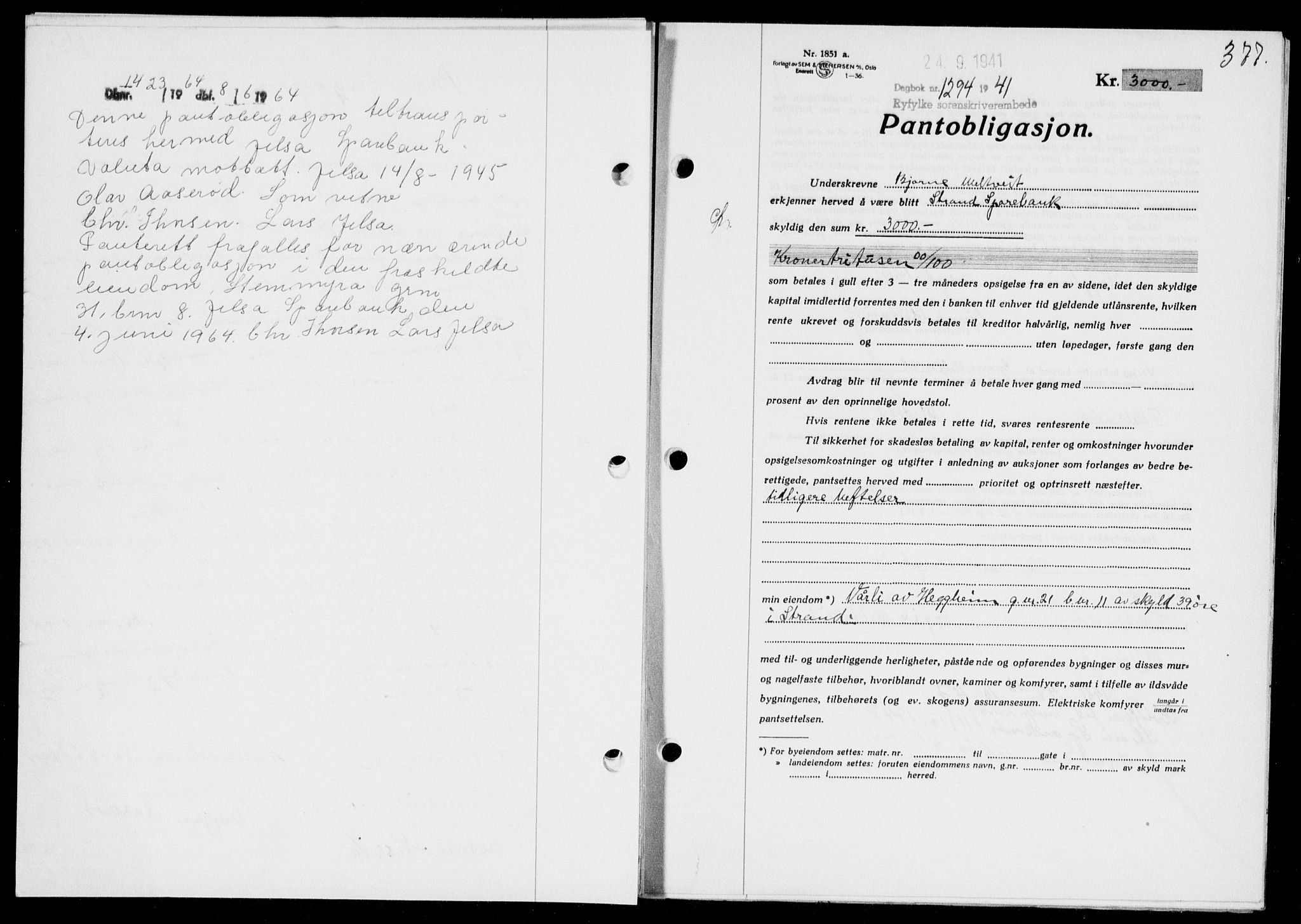 Ryfylke tingrett, AV/SAST-A-100055/001/II/IIB/L0083: Mortgage book no. 62, 1941-1941, Diary no: : 1294/1941