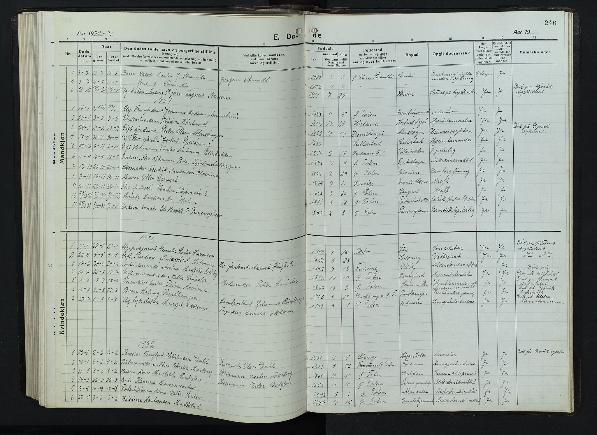 Balke prestekontor, SAH/PREST-106/H/Ha/Hab/L0001: Parish register (copy) no. 1, 1920-1955, p. 246