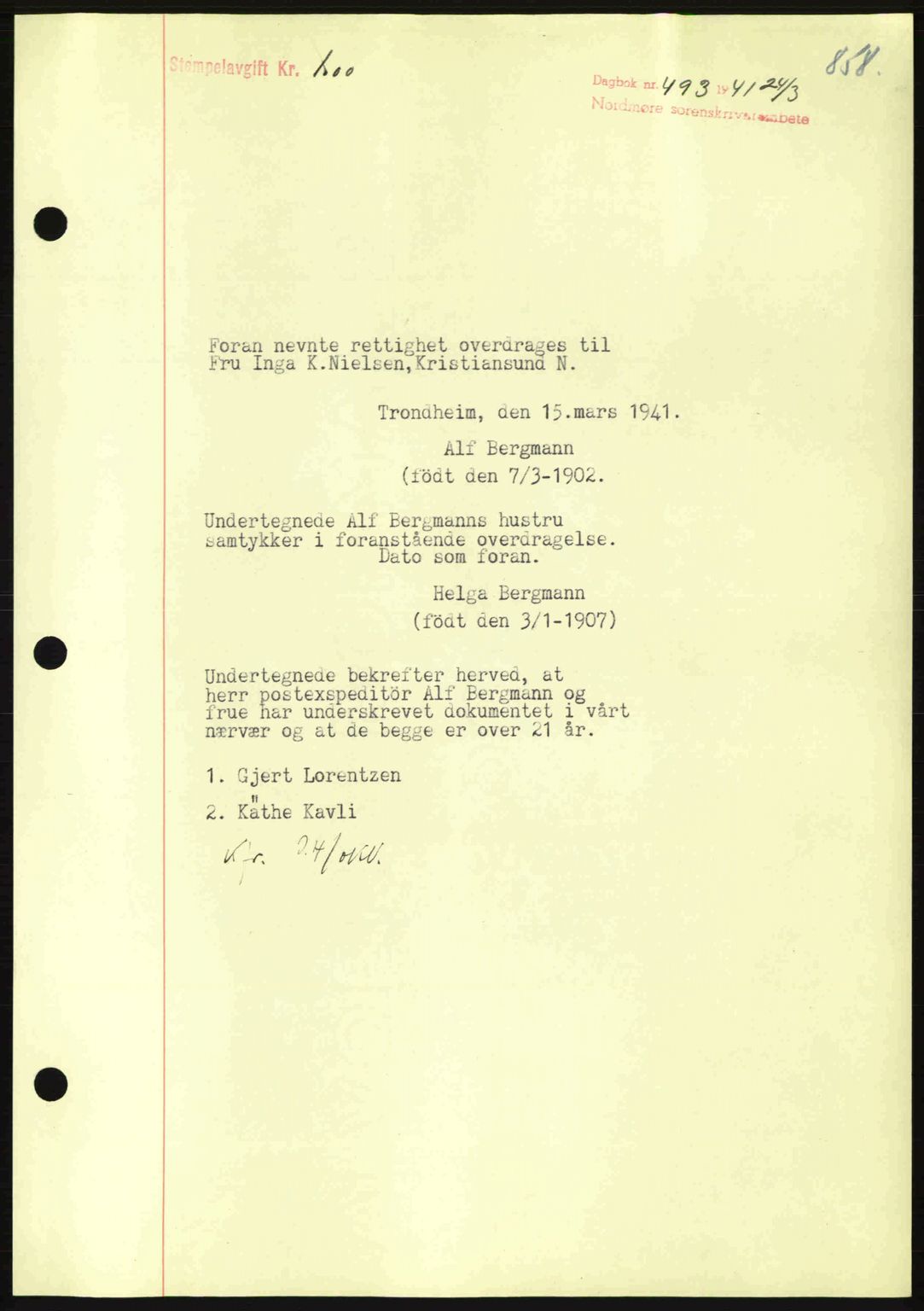 Nordmøre sorenskriveri, AV/SAT-A-4132/1/2/2Ca: Mortgage book no. B87, 1940-1941, Diary no: : 493/1941