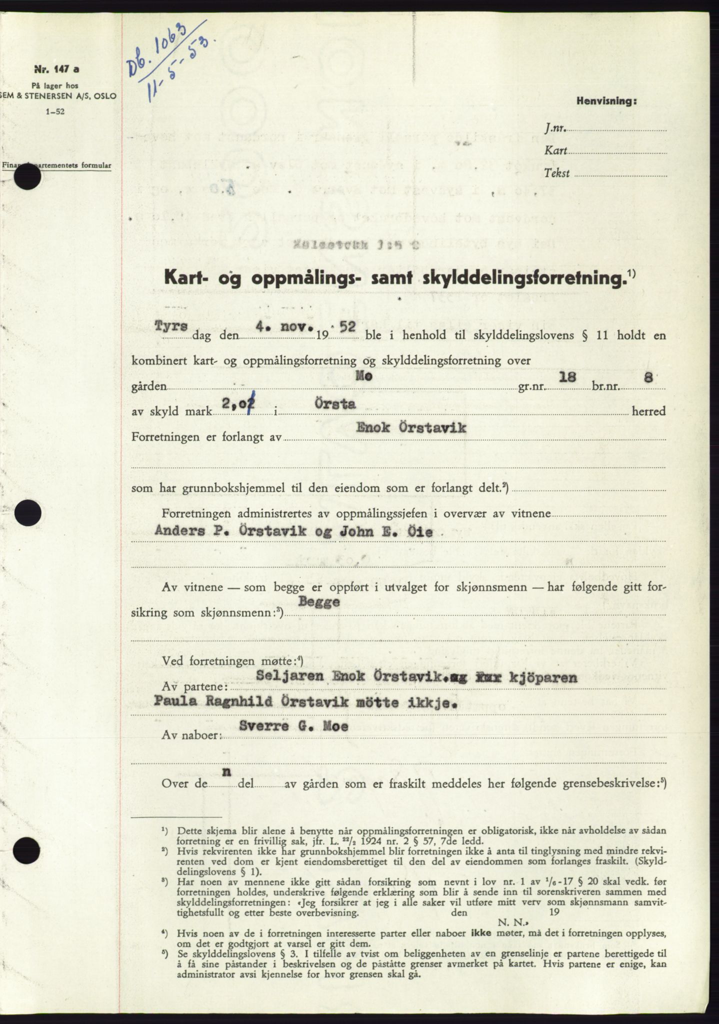 Søre Sunnmøre sorenskriveri, AV/SAT-A-4122/1/2/2C/L0094: Mortgage book no. 20A, 1953-1953, Diary no: : 1063/1953