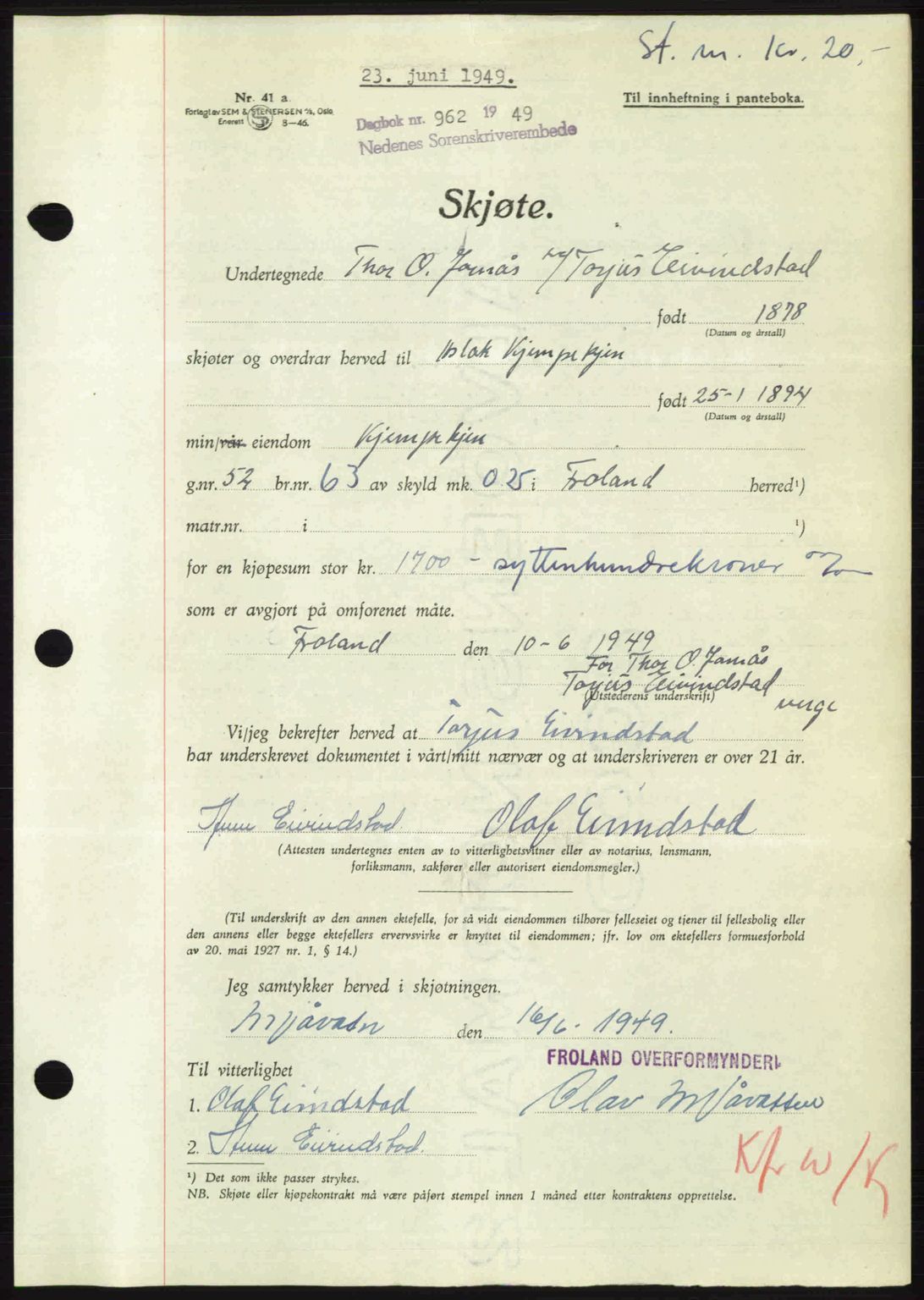 Nedenes sorenskriveri, SAK/1221-0006/G/Gb/Gba/L0060: Mortgage book no. A12, 1948-1949, Diary no: : 962/1949