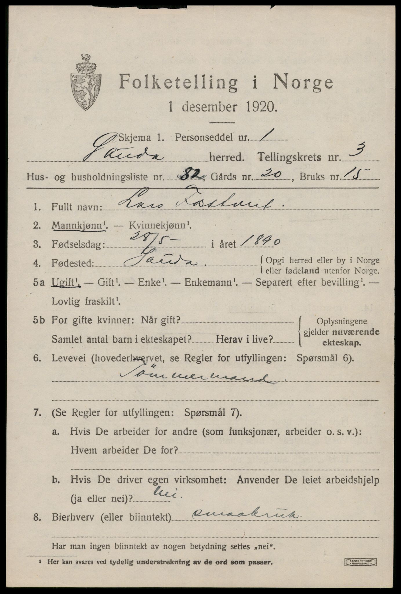 SAST, 1920 census for Sauda, 1920, p. 1724