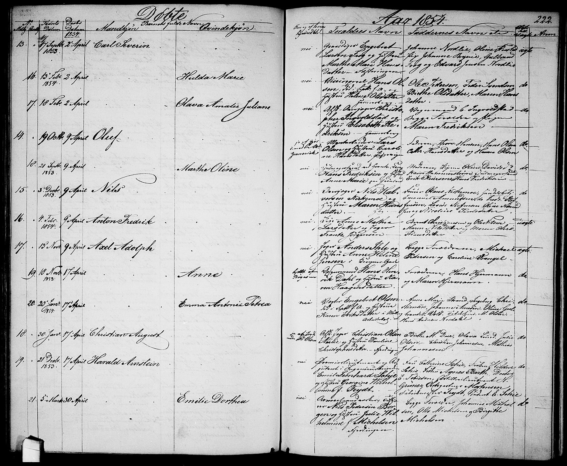 Garnisonsmenigheten Kirkebøker, AV/SAO-A-10846/G/Ga/L0005: Parish register (copy) no. 5, 1841-1860, p. 222