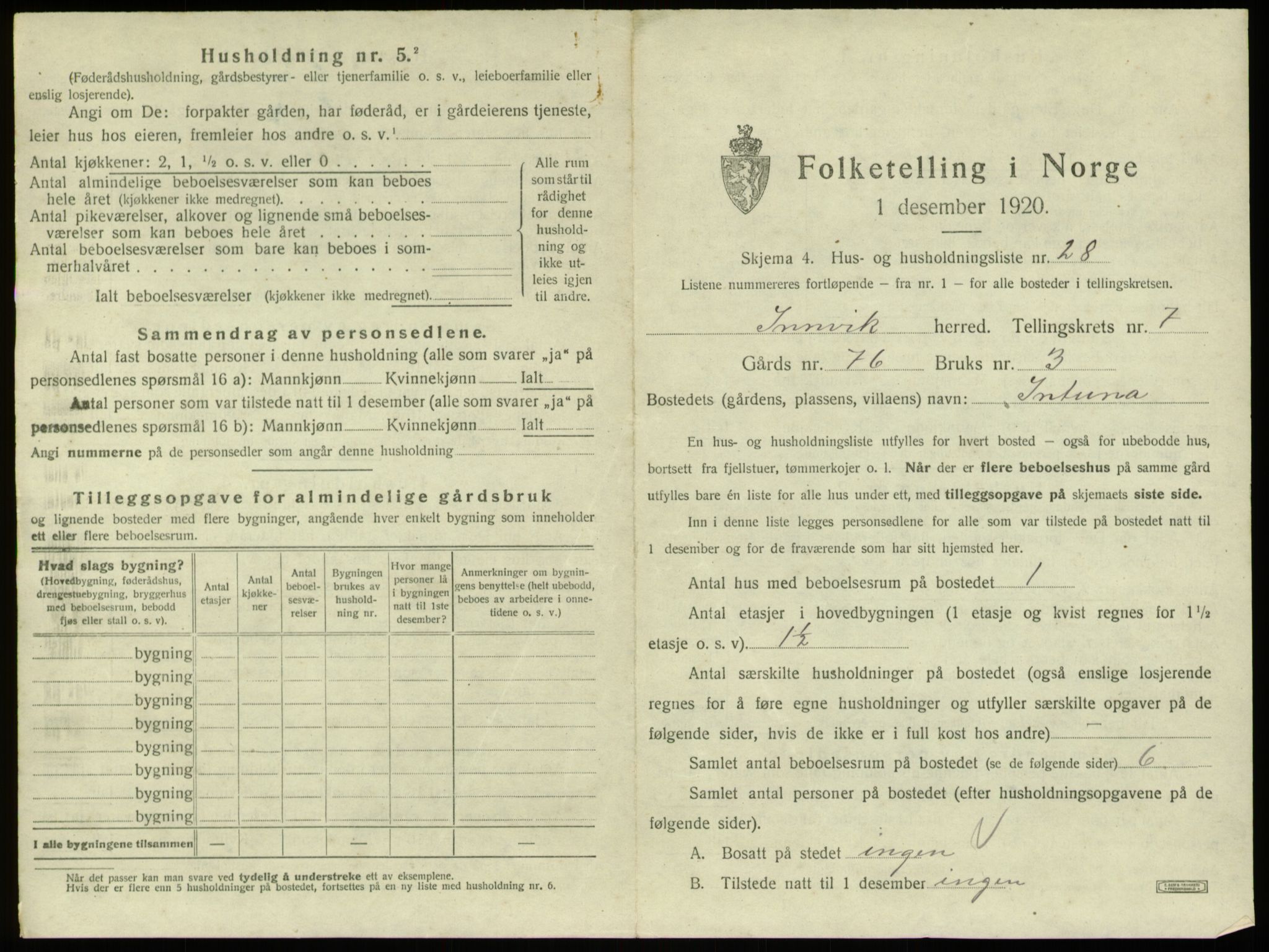 SAB, 1920 census for Innvik, 1920, p. 445