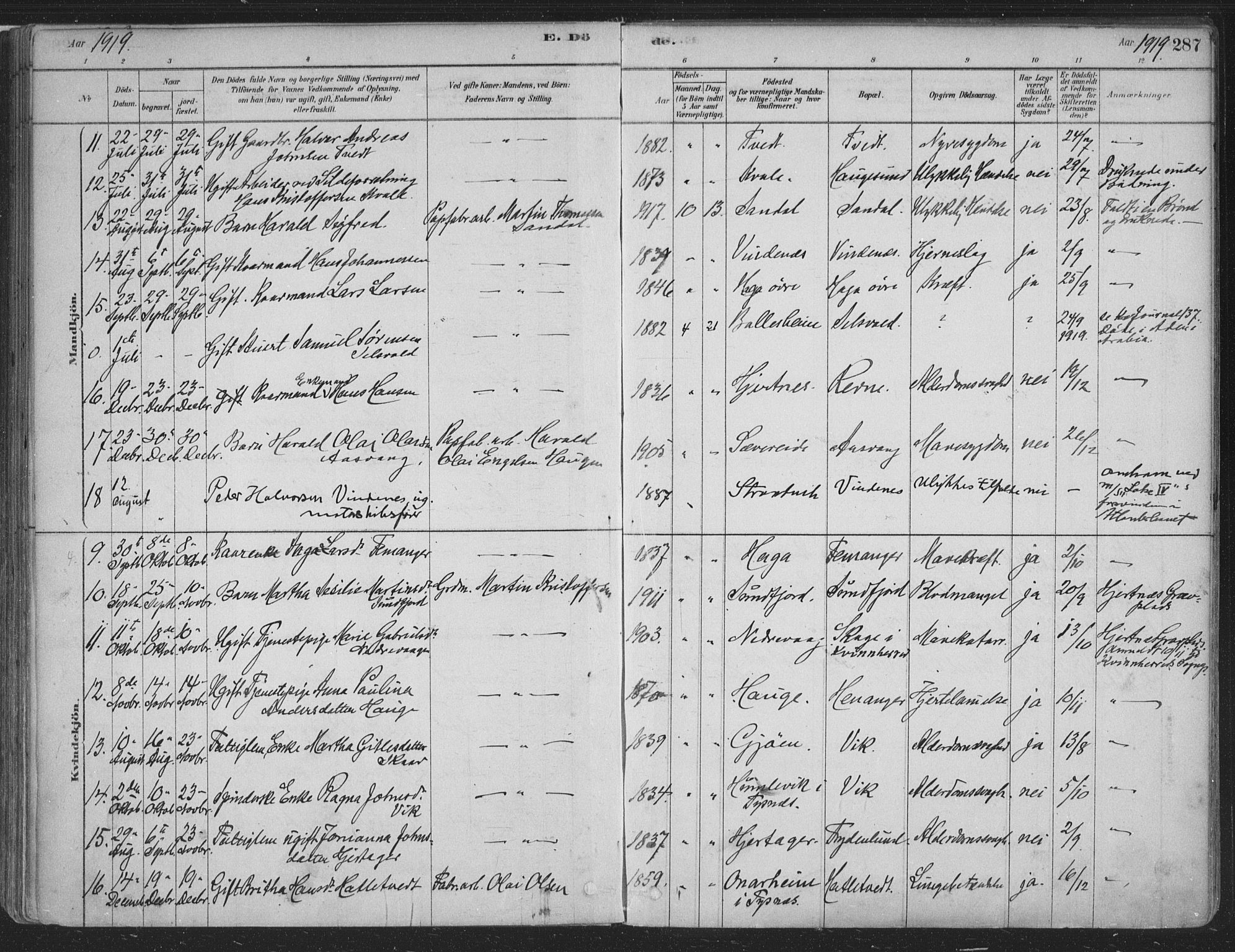 Fusa sokneprestembete, SAB/A-75401/H/Haa: Parish register (official) no. D 1, 1880-1938, p. 287