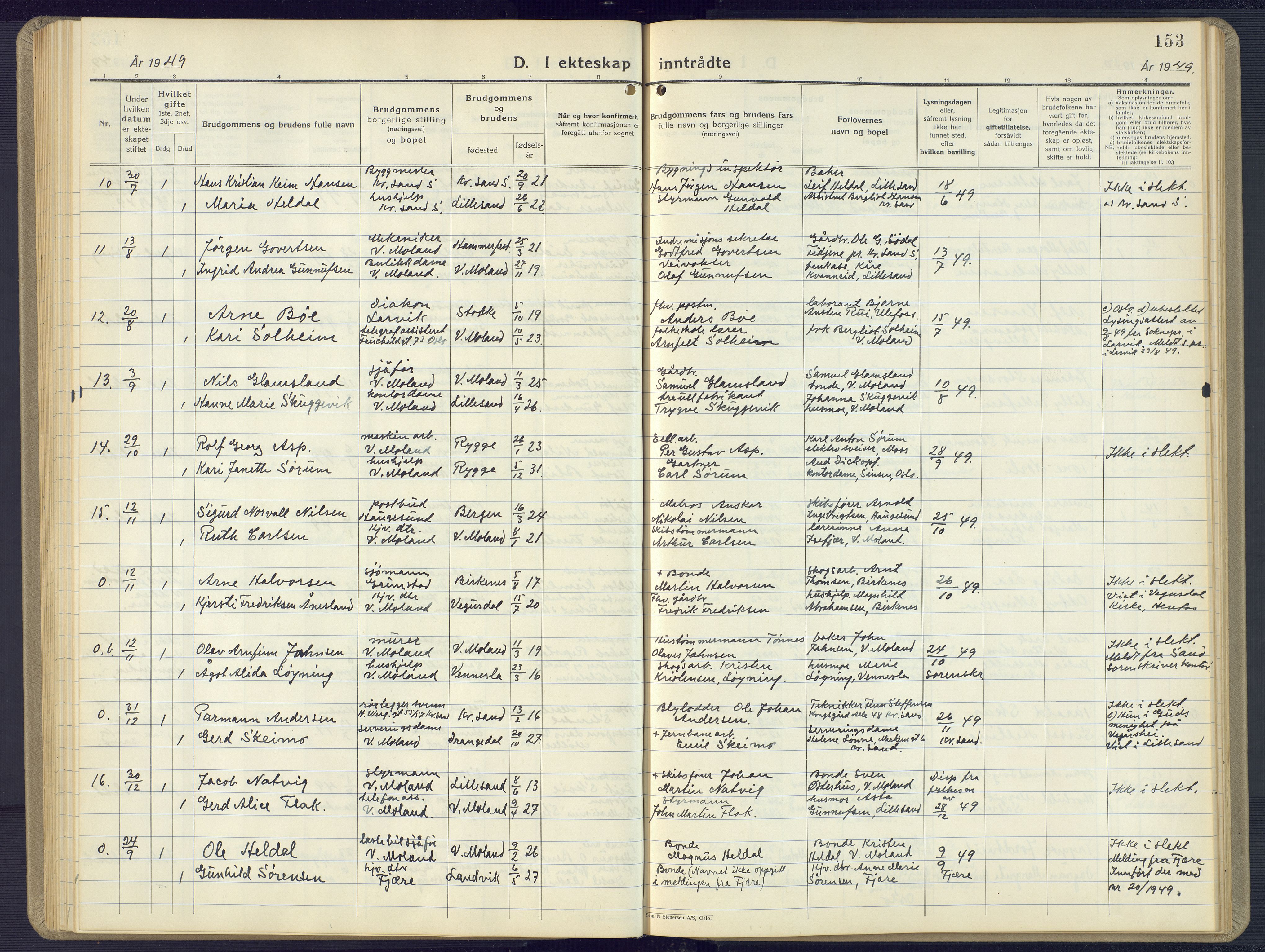 Vestre Moland sokneprestkontor, AV/SAK-1111-0046/F/Fb/Fbb/L0008: Parish register (copy) no. B 8, 1930-1966, p. 153