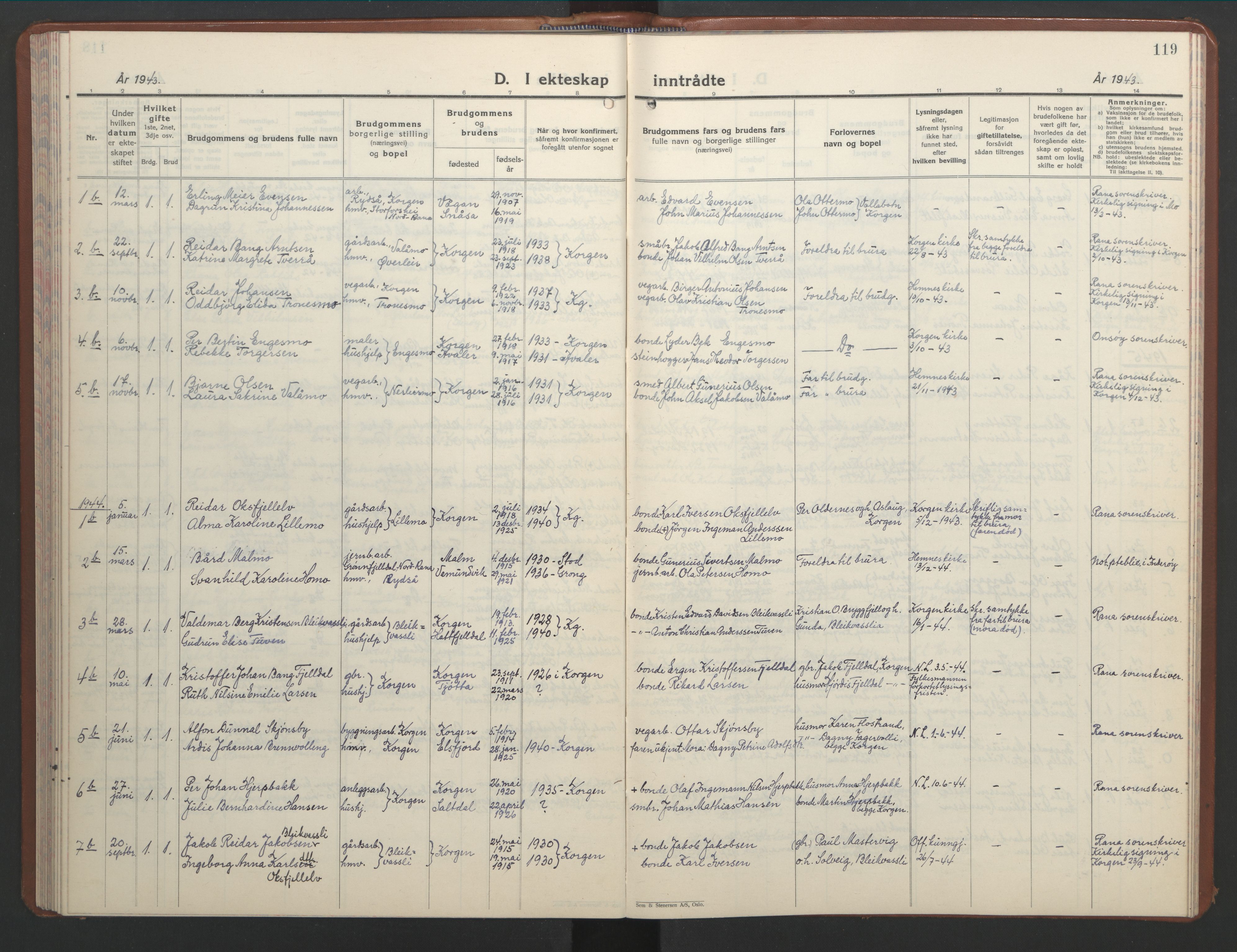 Ministerialprotokoller, klokkerbøker og fødselsregistre - Nordland, AV/SAT-A-1459/826/L0385: Parish register (copy) no. 826C05, 1933-1951, p. 119