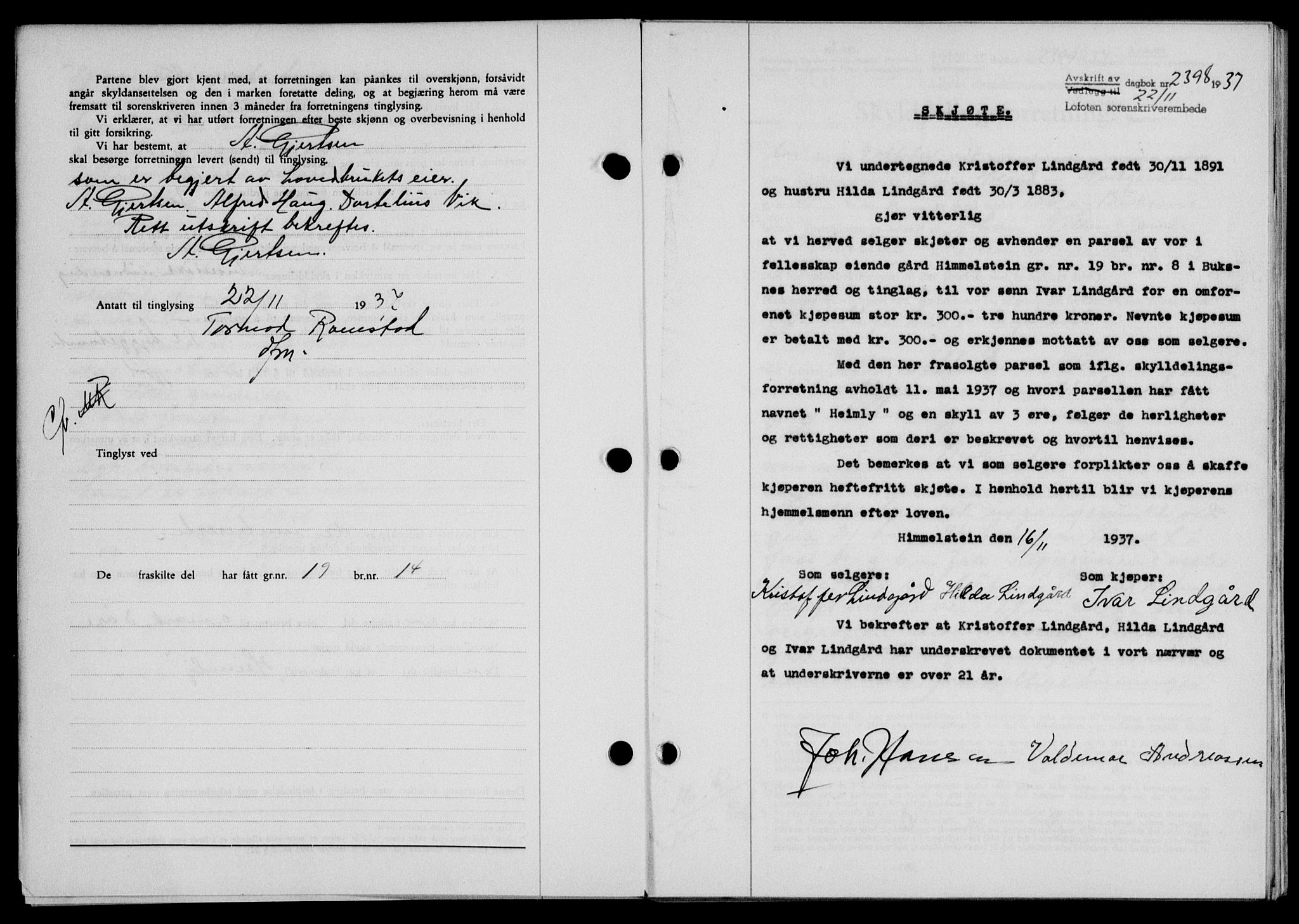 Lofoten sorenskriveri, SAT/A-0017/1/2/2C/L0003a: Mortgage book no. 3a, 1937-1938, Diary no: : 2398/1937