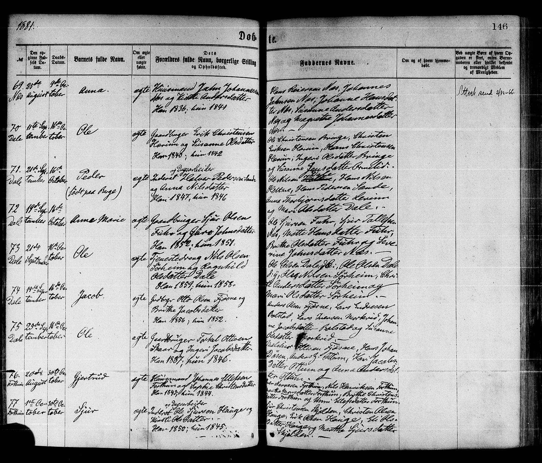 Luster sokneprestembete, AV/SAB-A-81101/H/Haa/Haaa/L0010: Parish register (official) no. A 10, 1871-1886, p. 146