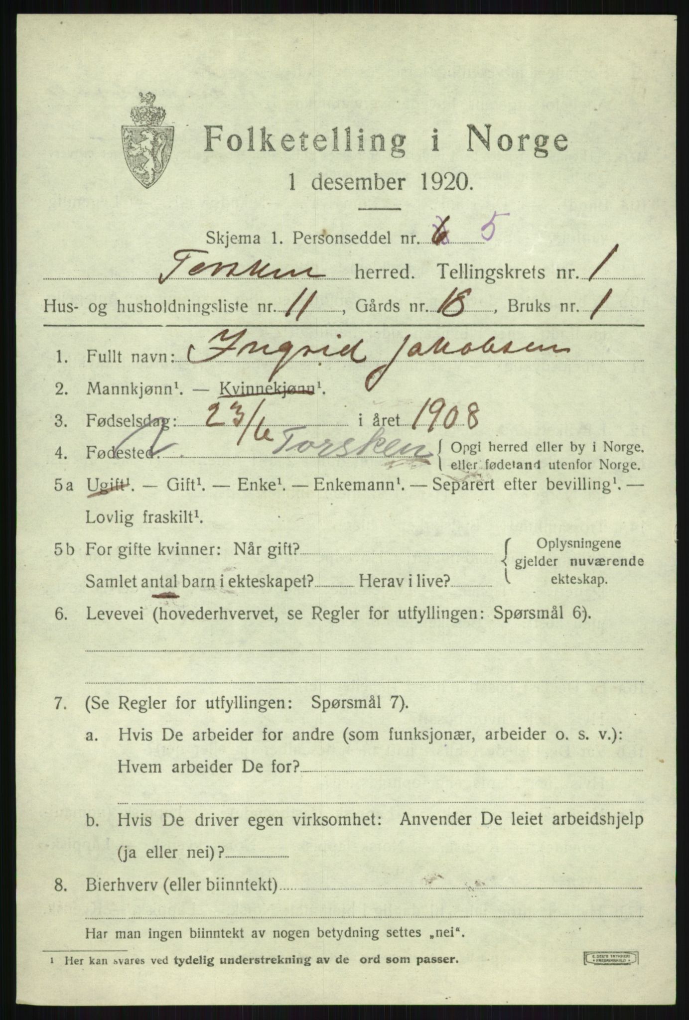 SATØ, 1920 census for Torsken, 1920, p. 681