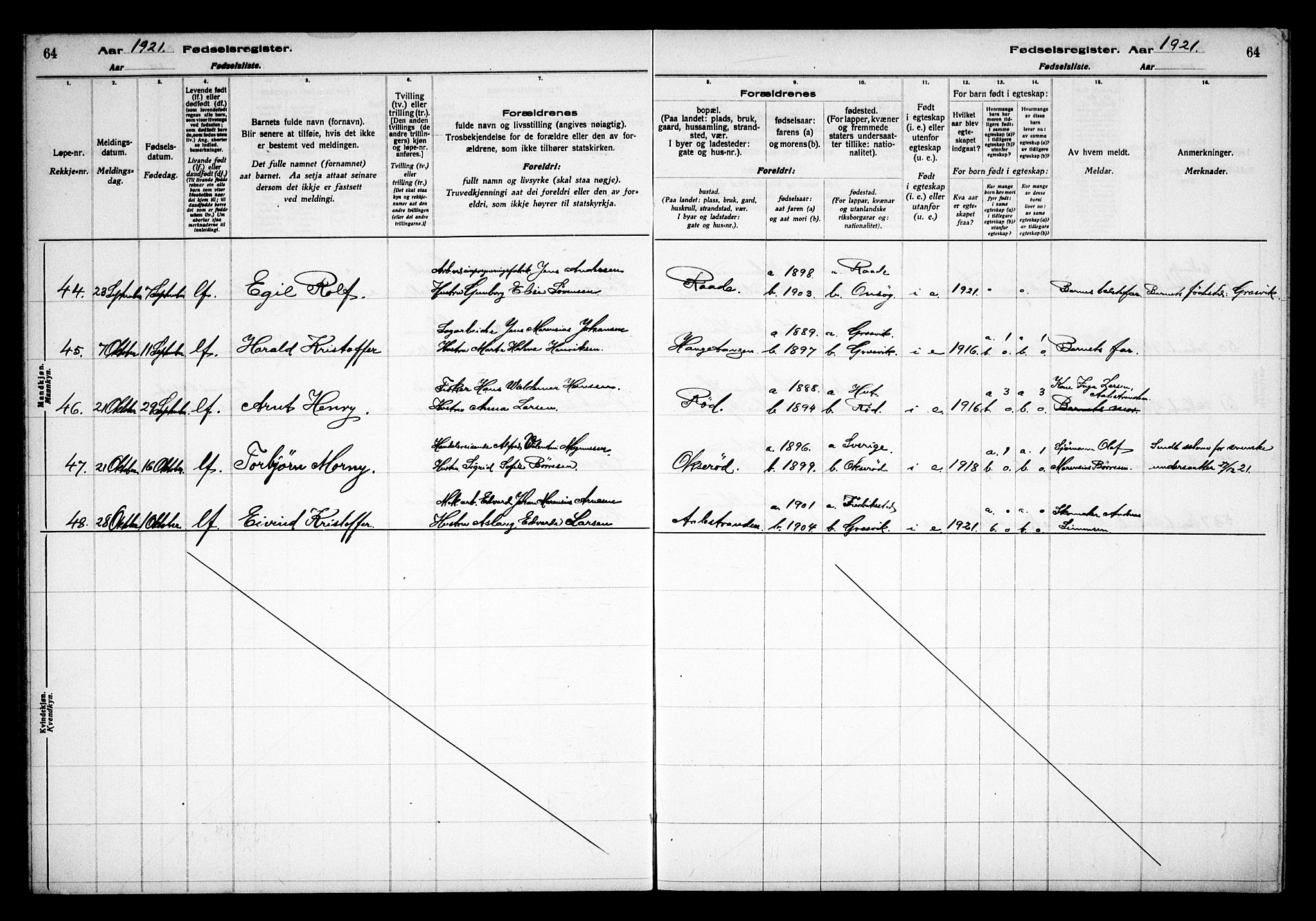 Onsøy prestekontor Kirkebøker, AV/SAO-A-10914/J/Jb/L0001: Birth register no. II 1, 1916-1938, p. 64