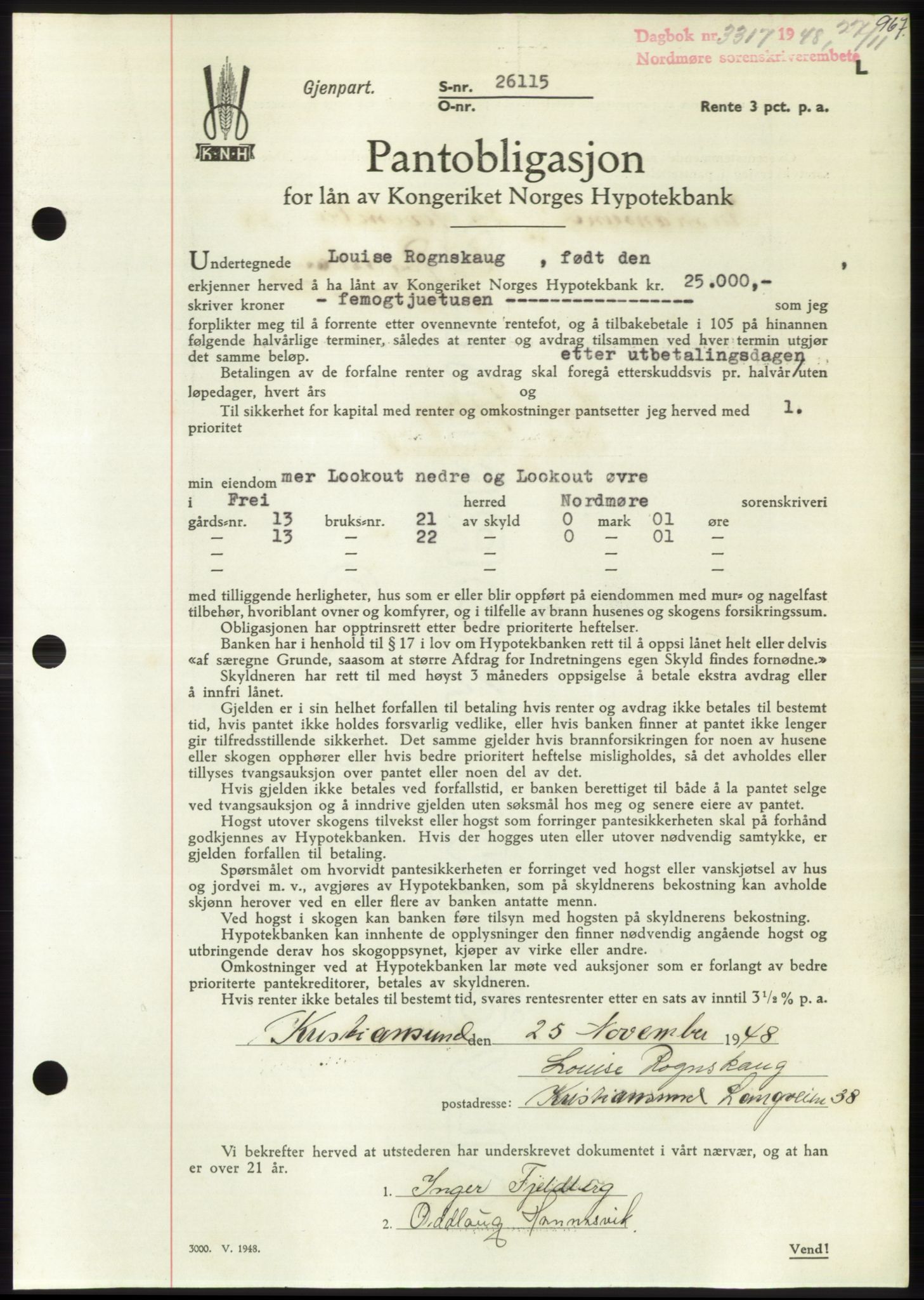 Nordmøre sorenskriveri, AV/SAT-A-4132/1/2/2Ca: Mortgage book no. B100, 1948-1949, Diary no: : 3317/1948