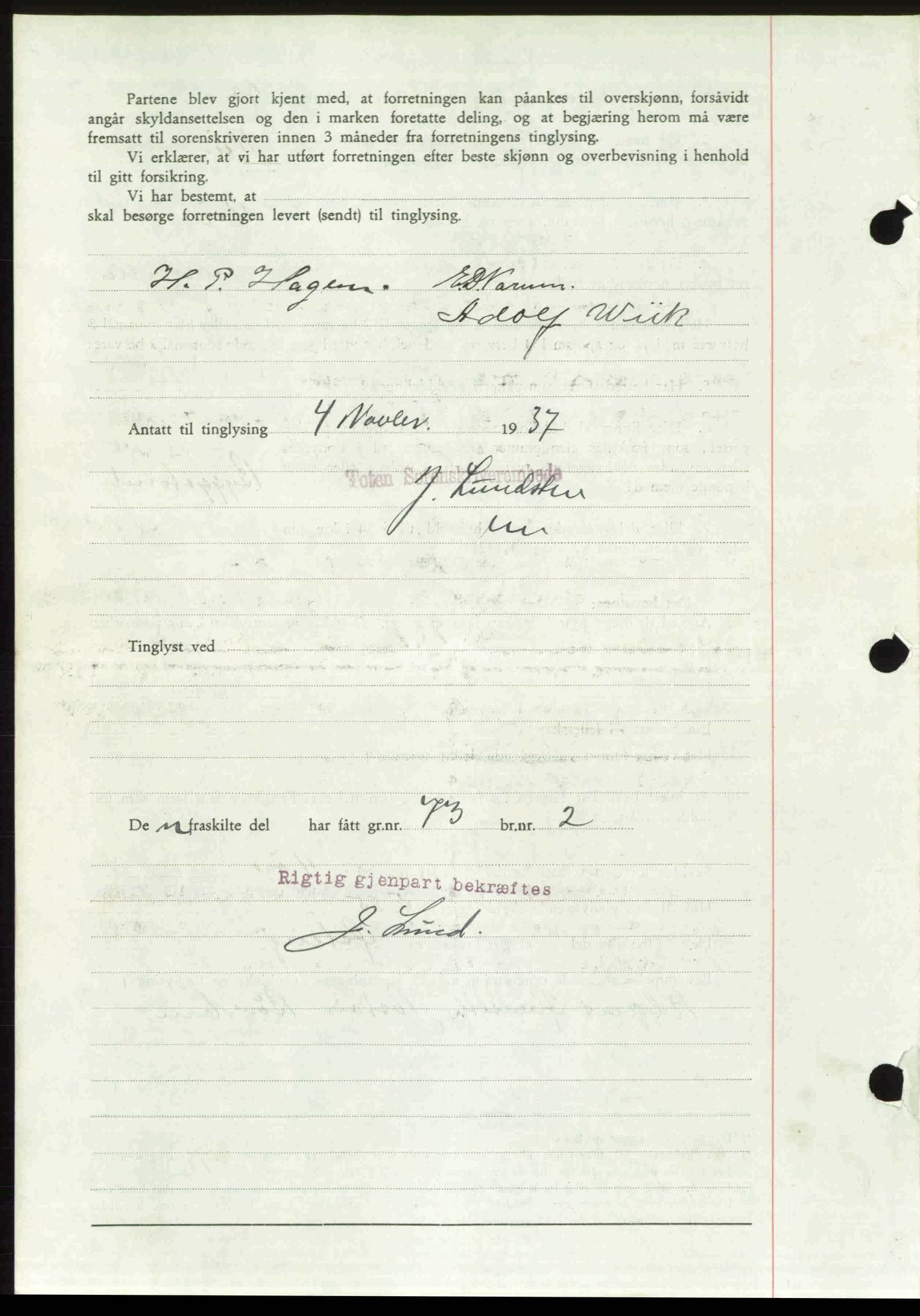 Toten tingrett, SAH/TING-006/H/Hb/Hbc/L0003: Mortgage book no. Hbc-03, 1937-1938, Diary no: : 2588/1937