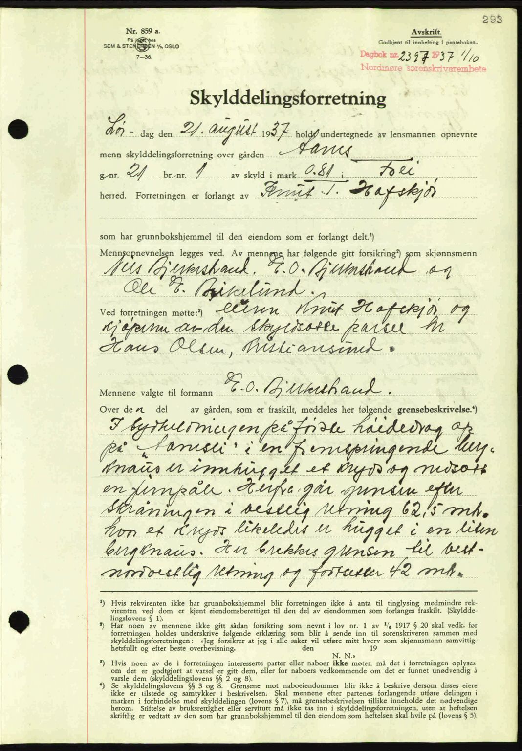 Nordmøre sorenskriveri, SAT/A-4132/1/2/2Ca: Mortgage book no. A82, 1937-1938, Diary no: : 2397/1937