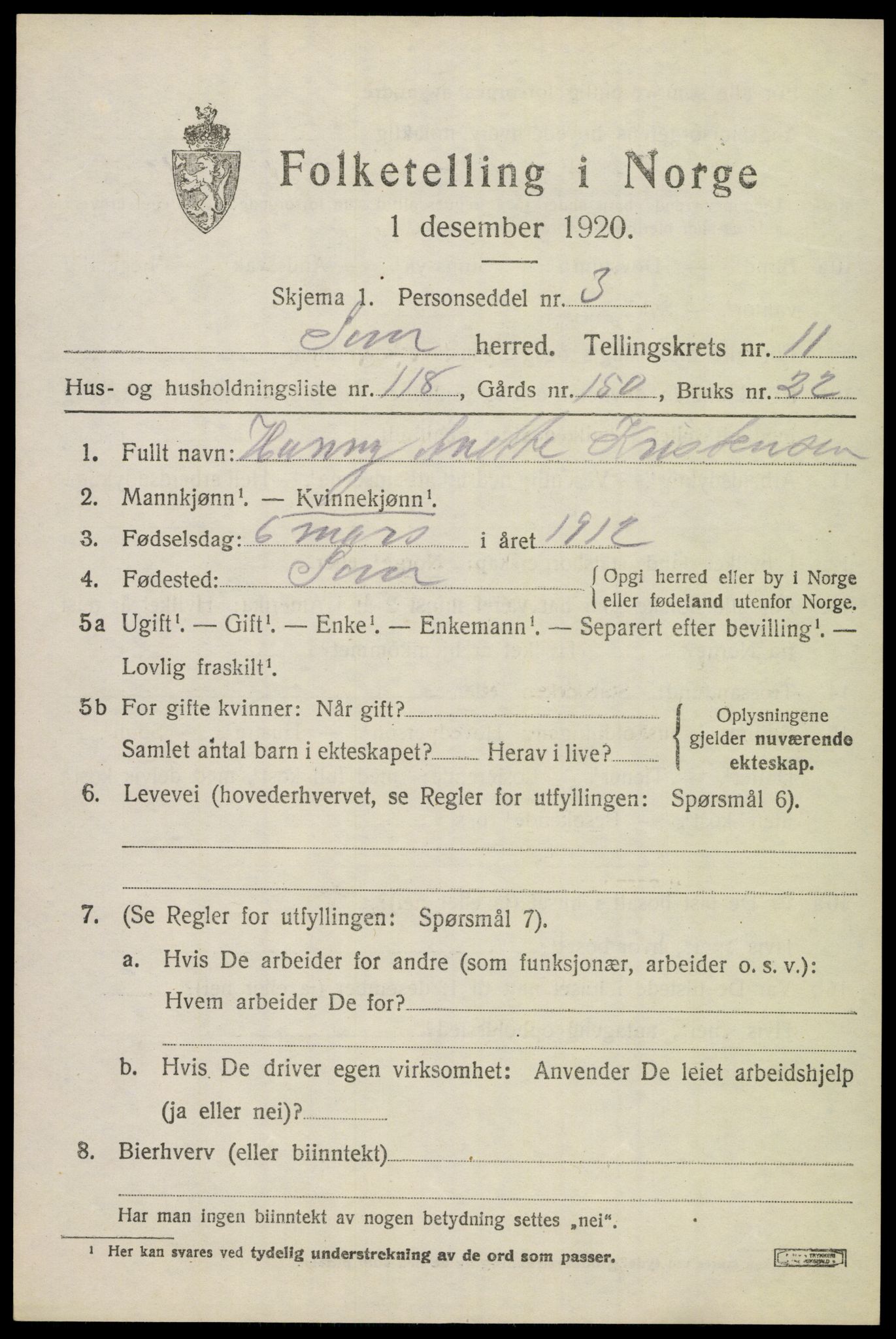 SAKO, 1920 census for Sem, 1920, p. 15919