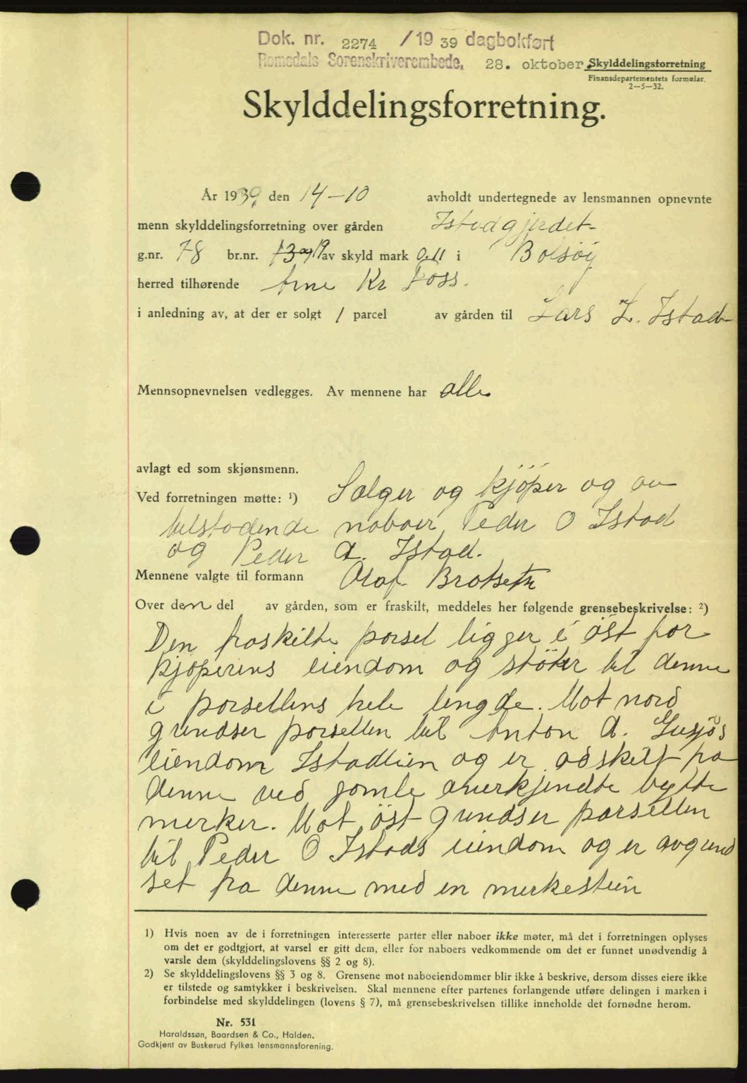 Romsdal sorenskriveri, AV/SAT-A-4149/1/2/2C: Mortgage book no. A7, 1939-1939, Diary no: : 2274/1939