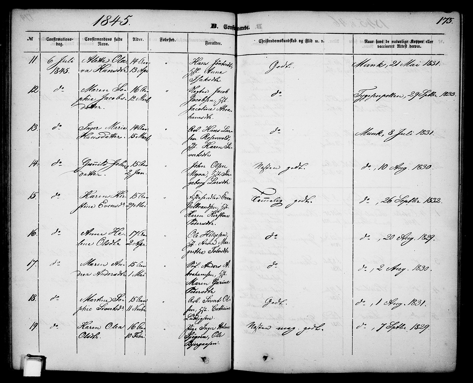 Skien kirkebøker, SAKO/A-302/G/Ga/L0004: Parish register (copy) no. 4, 1843-1867, p. 175