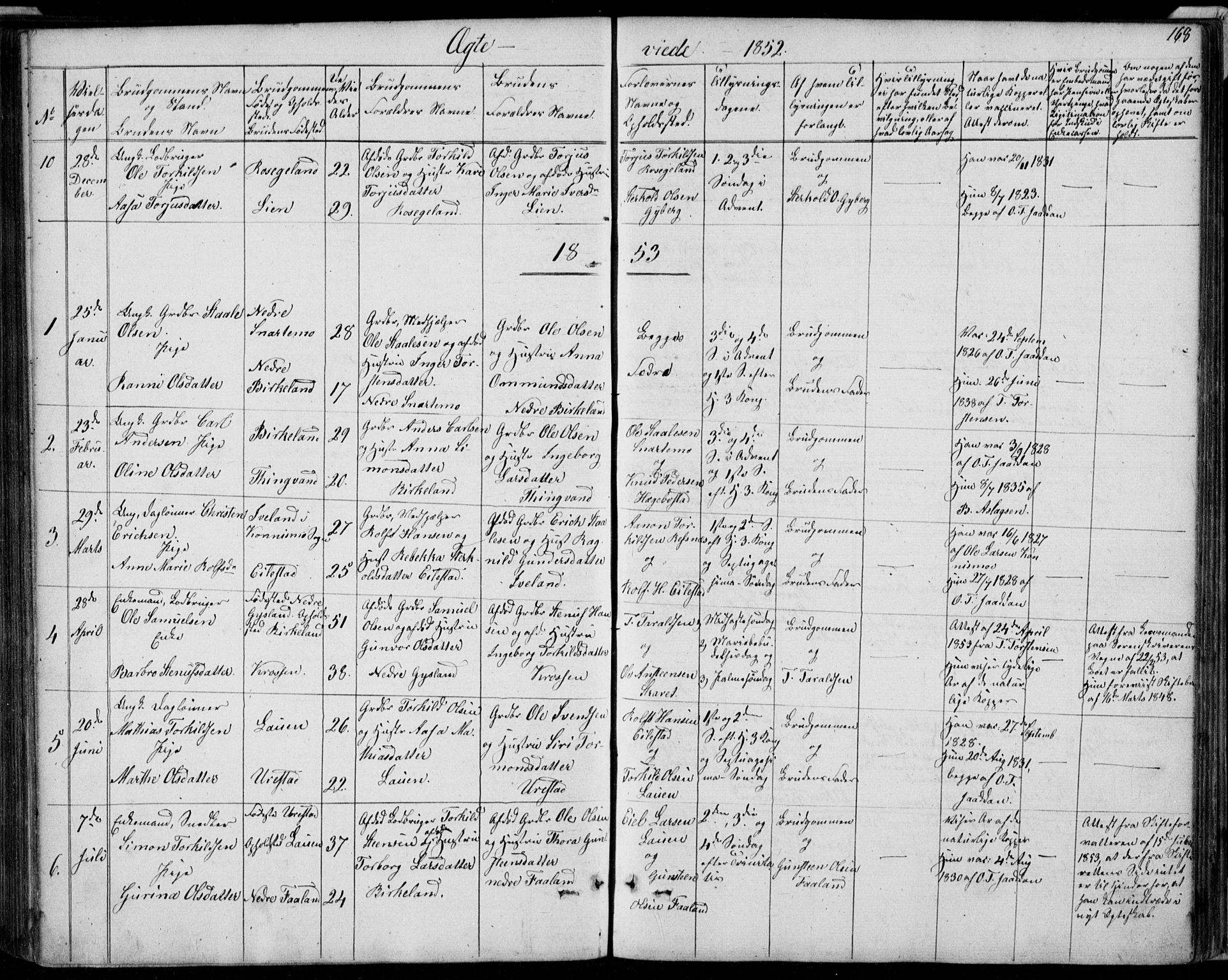 Hægebostad sokneprestkontor, SAK/1111-0024/F/Fb/Fba/L0002: Parish register (copy) no. B 2, 1851-1882, p. 168