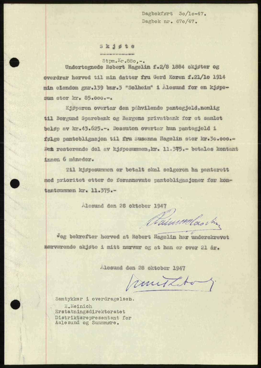 Ålesund byfogd, AV/SAT-A-4384: Mortgage book no. 37A (1), 1947-1949, Diary no: : 670/1947
