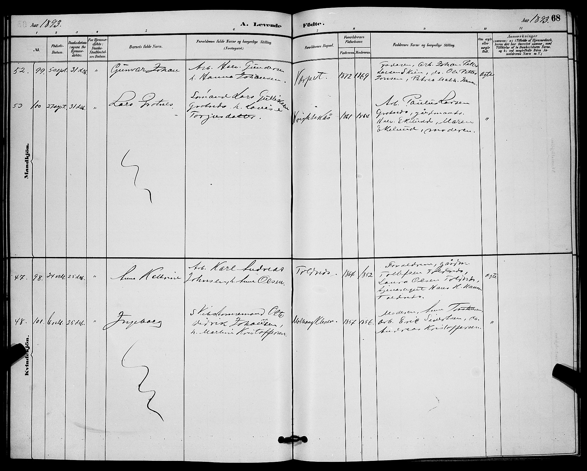 Solum kirkebøker, SAKO/A-306/G/Ga/L0007: Parish register (copy) no. I 7, 1884-1898, p. 68