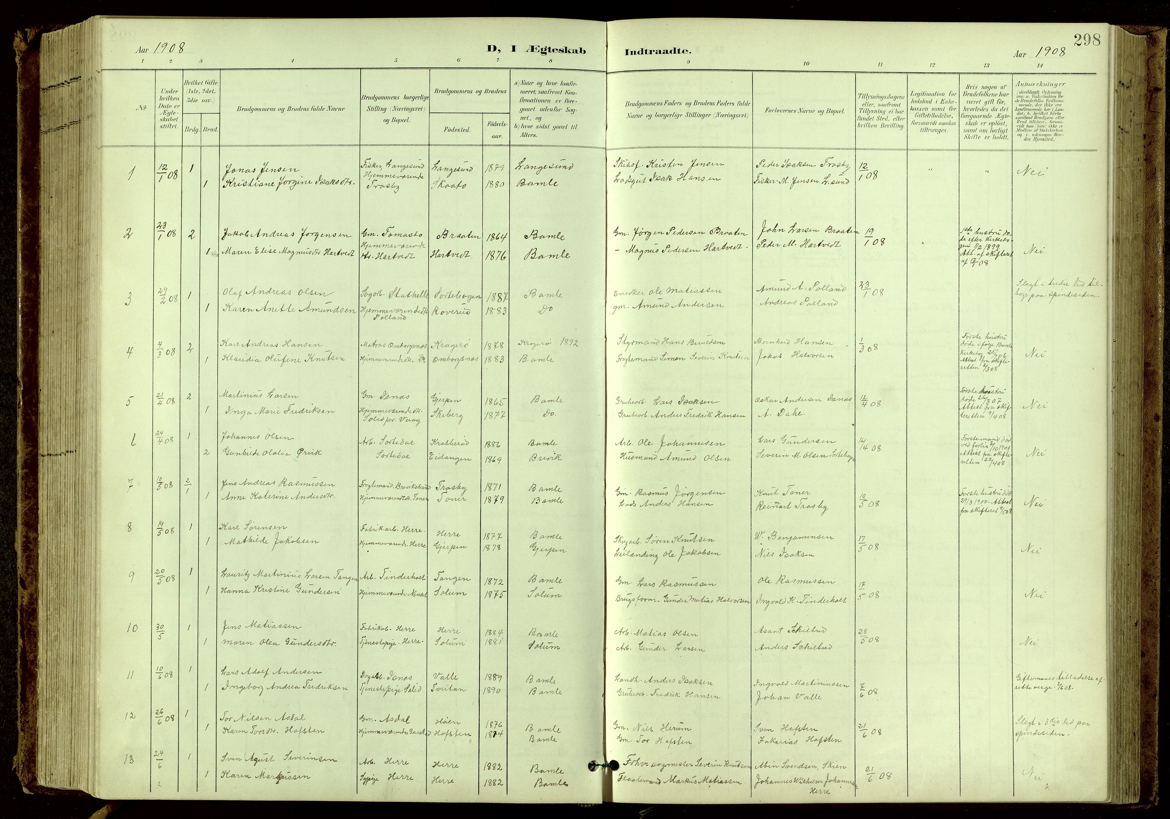 Bamble kirkebøker, SAKO/A-253/G/Ga/L0010: Parish register (copy) no. I 10, 1901-1919, p. 298