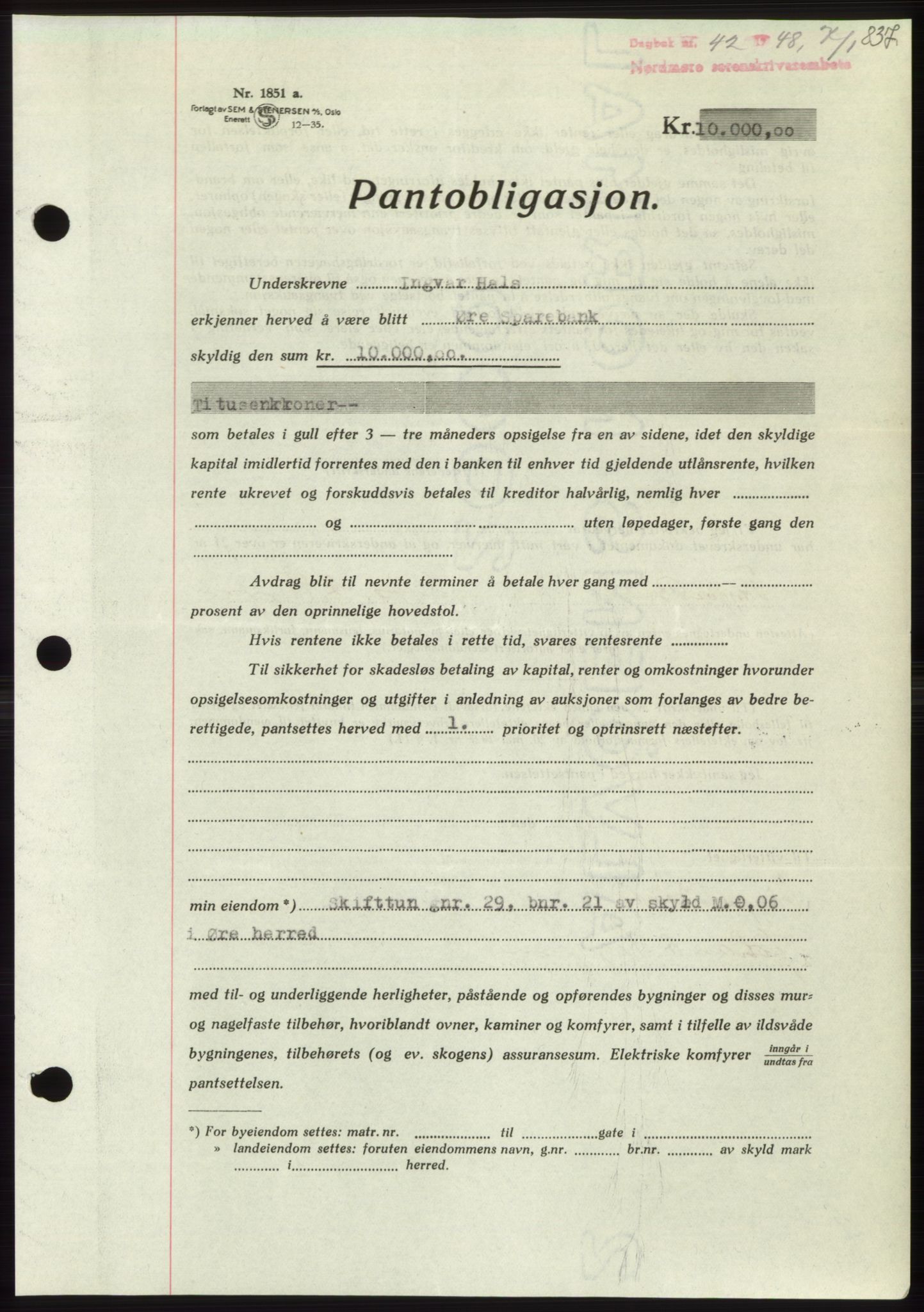 Nordmøre sorenskriveri, AV/SAT-A-4132/1/2/2Ca: Mortgage book no. B97, 1947-1948, Diary no: : 42/1948