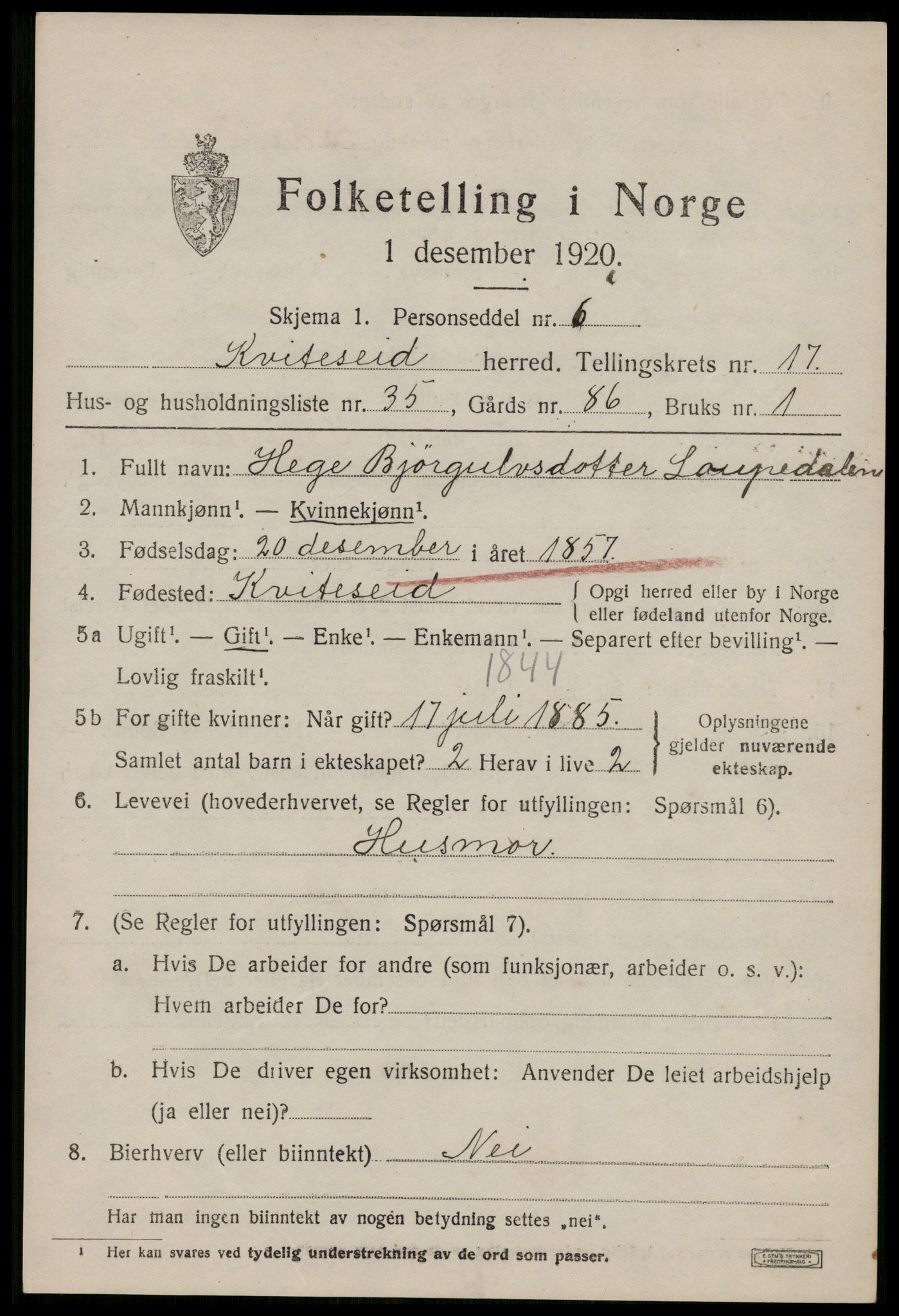 SAKO, 1920 census for Kviteseid, 1920, p. 8061