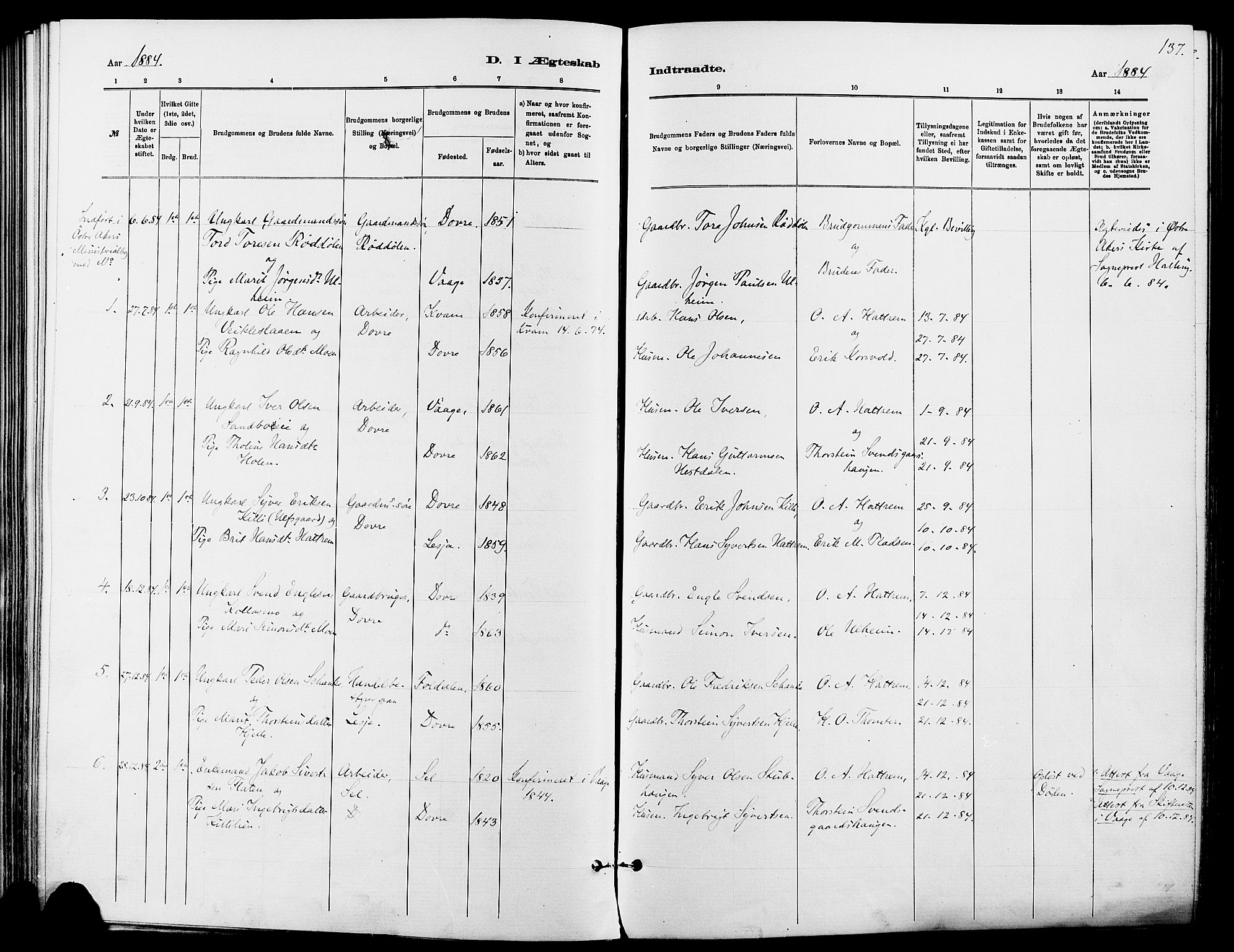 Dovre prestekontor, SAH/PREST-066/H/Ha/Haa/L0002: Parish register (official) no. 2, 1879-1890, p. 137