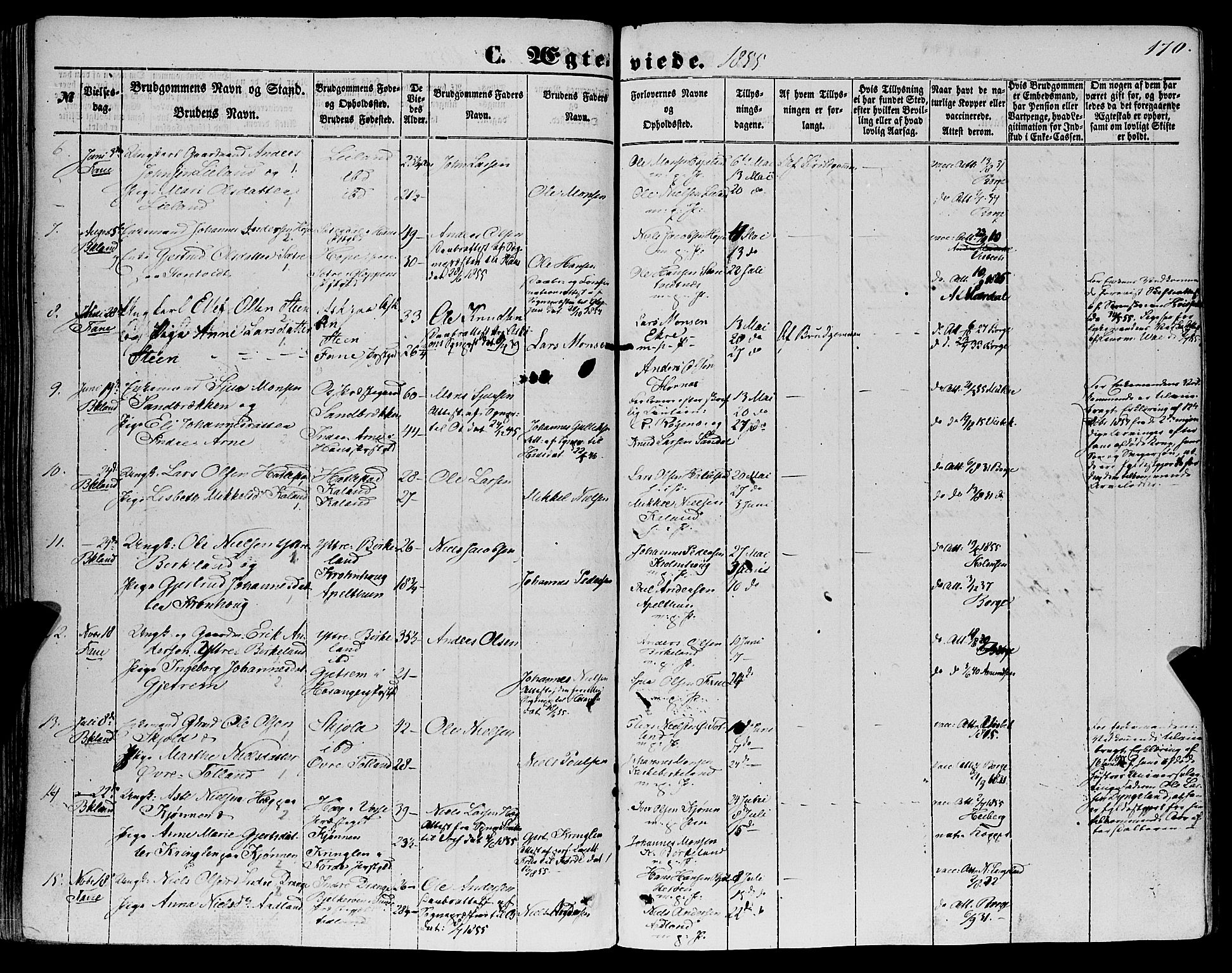 Fana Sokneprestembete, SAB/A-75101/H/Haa/Haaa/L0011: Parish register (official) no. A 11, 1851-1862, p. 170